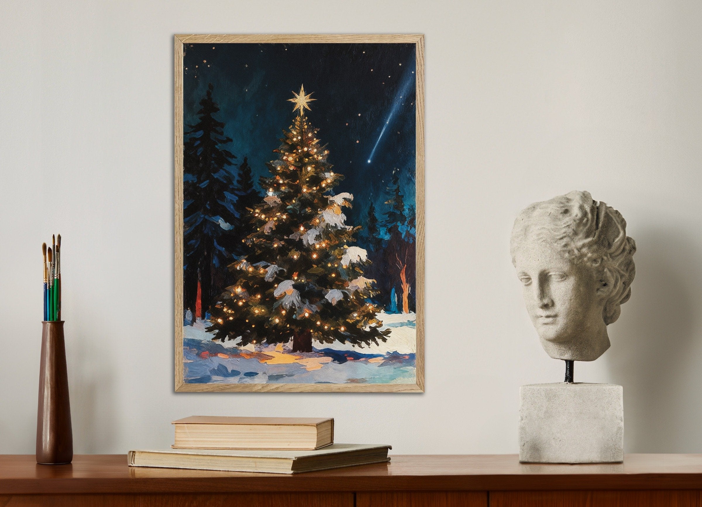 Poster of Christmas tree in the forest wall art print, with natural wooden frame