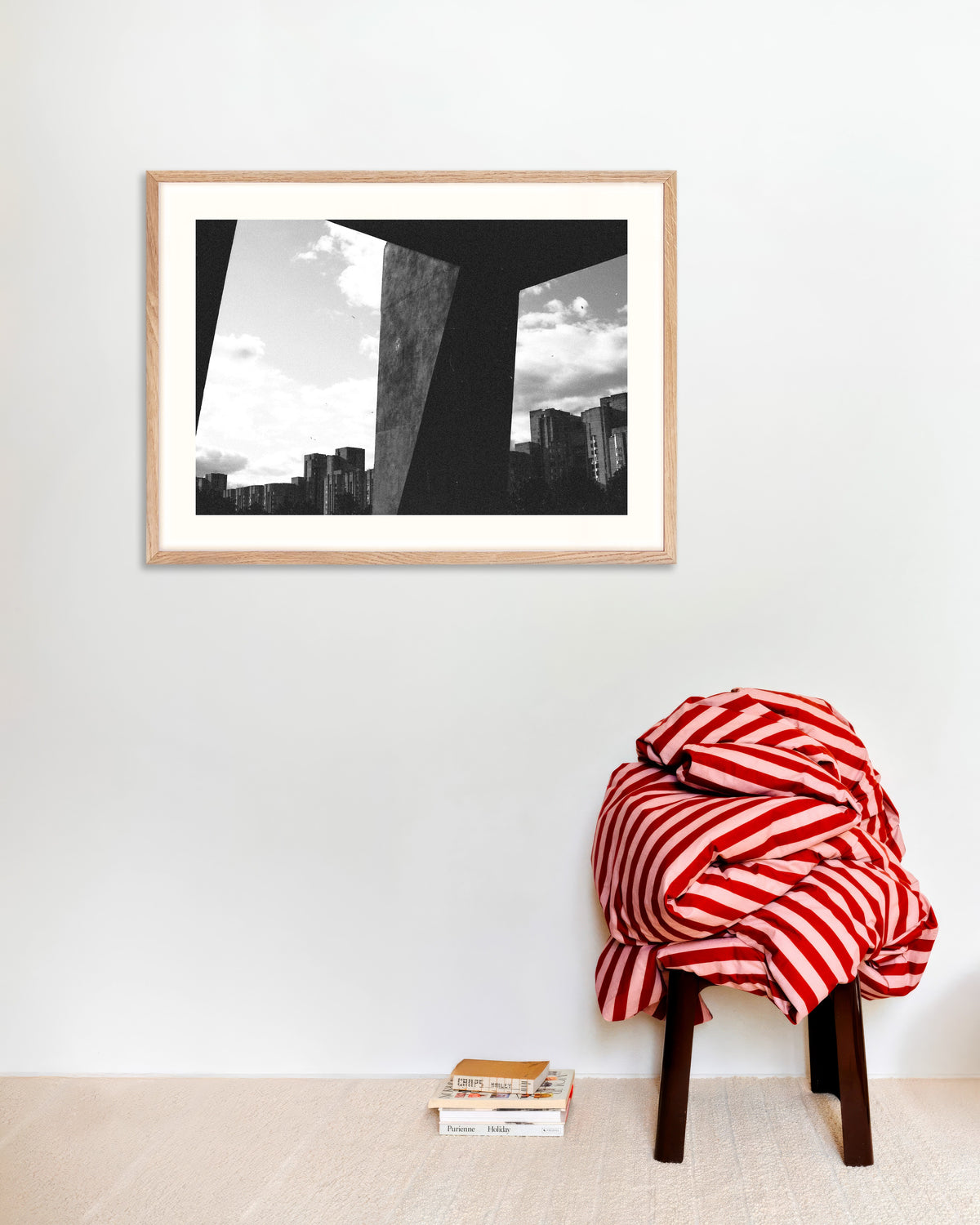 Poster of City Seen Between Concrete Pillars, with natural wooden frame