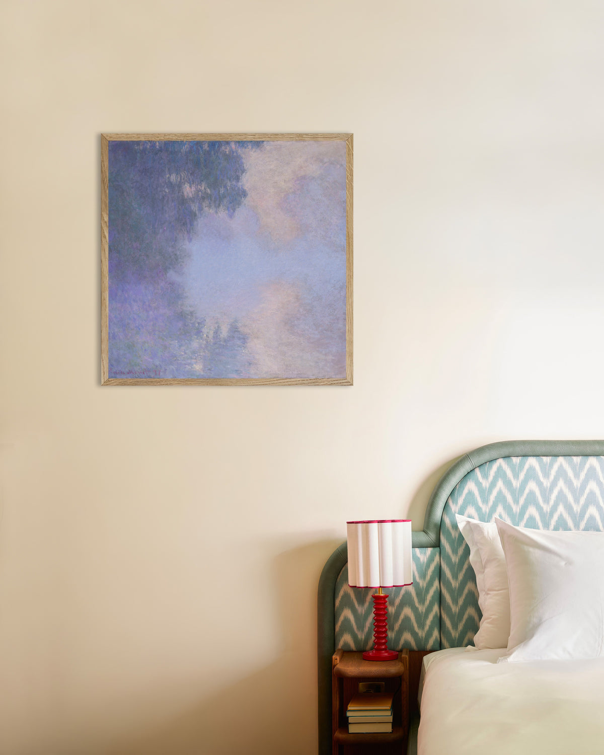 Plakat Sidearm av Seinen ved Giverny, tåke (1897) av Claude Monet med ramme i naturtre
