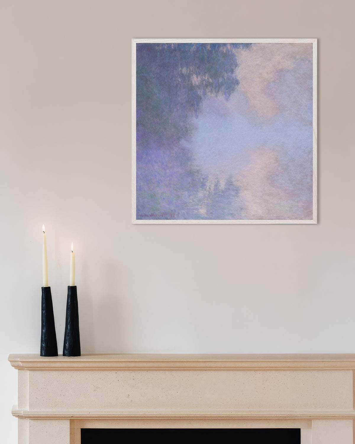 Plakat Sidearm av Seinen ved Giverny, tåke (1897) av Claude Monet med hvit treramme