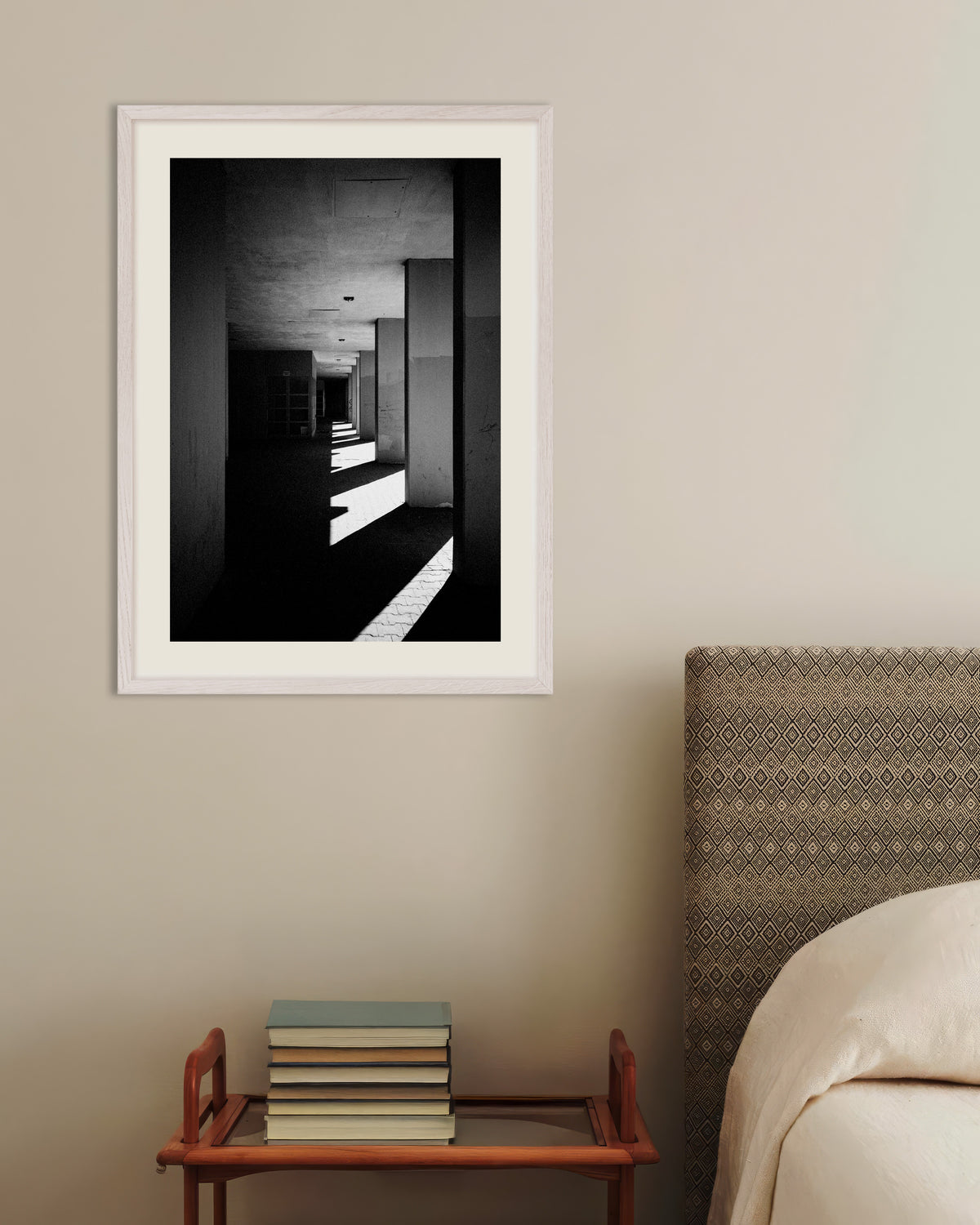 Poster of Colonnade With Sun Stripes, with white wooden frame