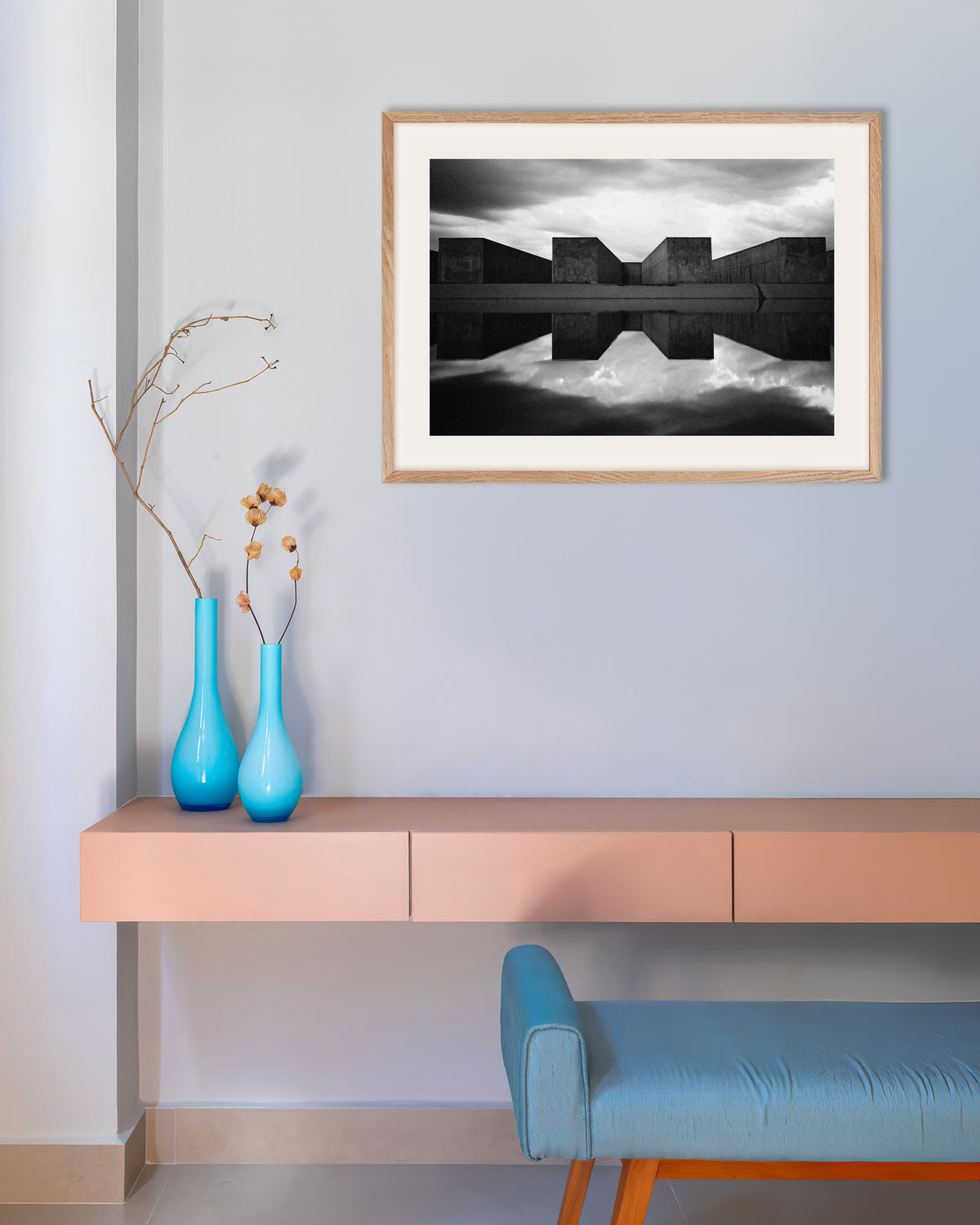 Poster of Concrete Blocks Reflected in Water, with natural wooden frame