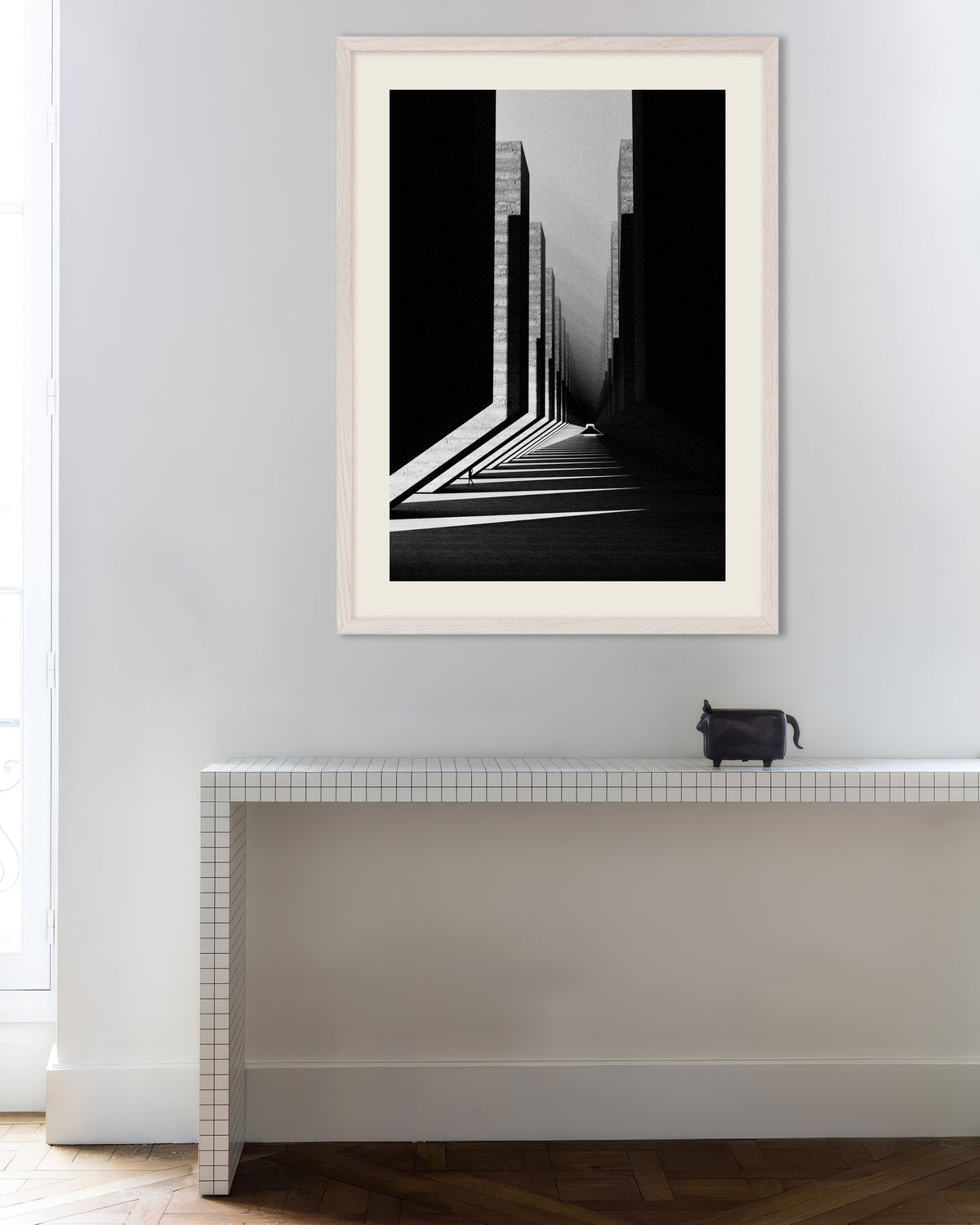 Poster of Corridor of Light and Concrete, with white wooden frame