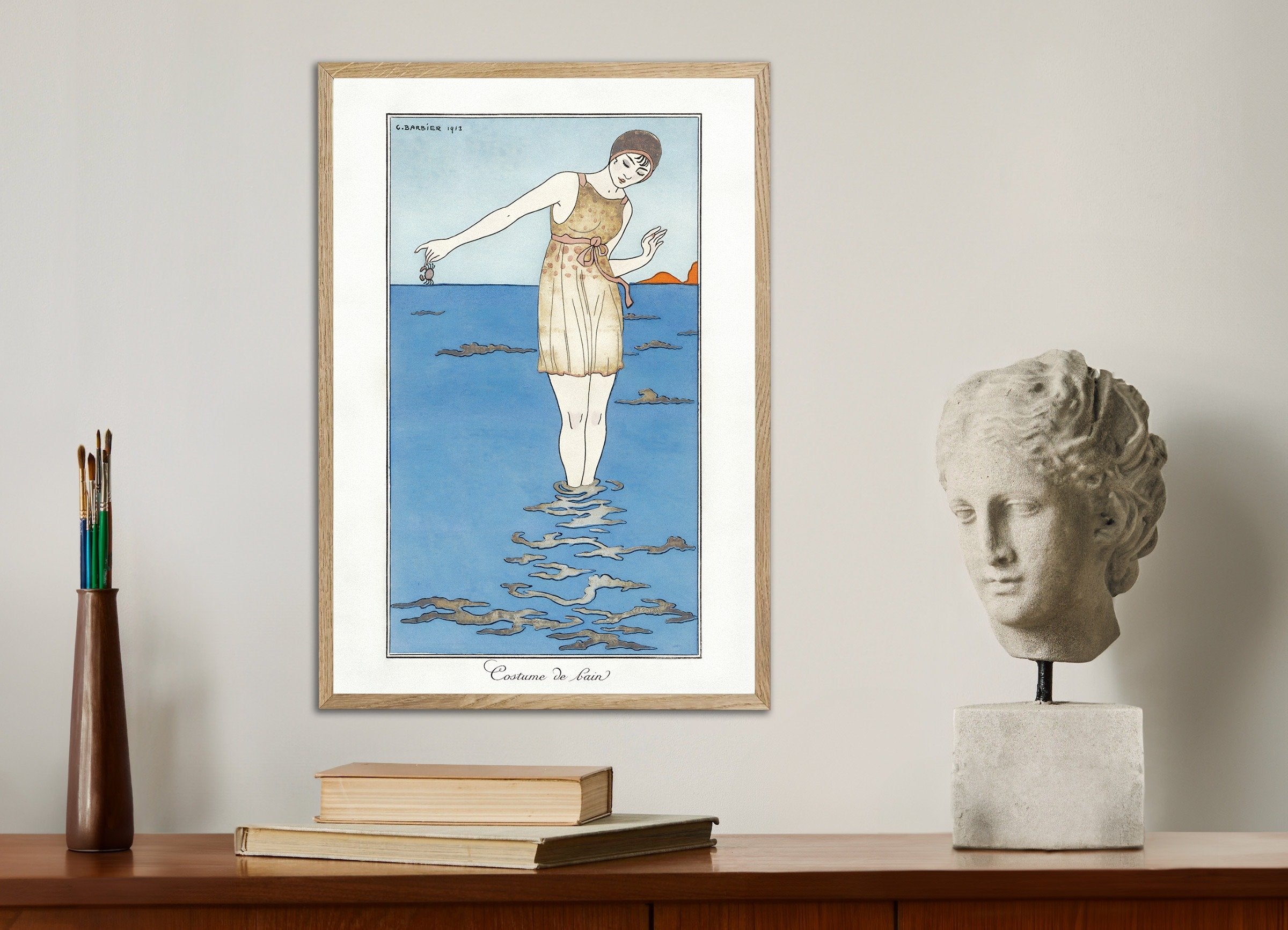 Poster of "Costume de Bain" by Georges Barbier (1913) - Art Deco Poster, with natural wooden frame