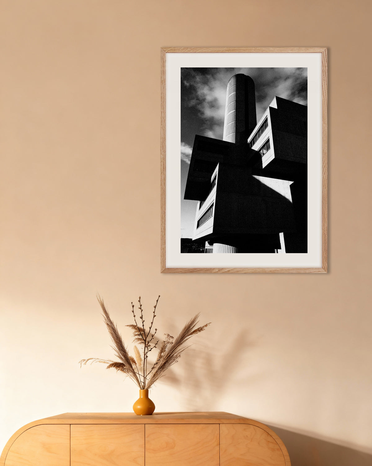 Poster of Cylinder Tower and Floating Blocks, with natural wooden frame