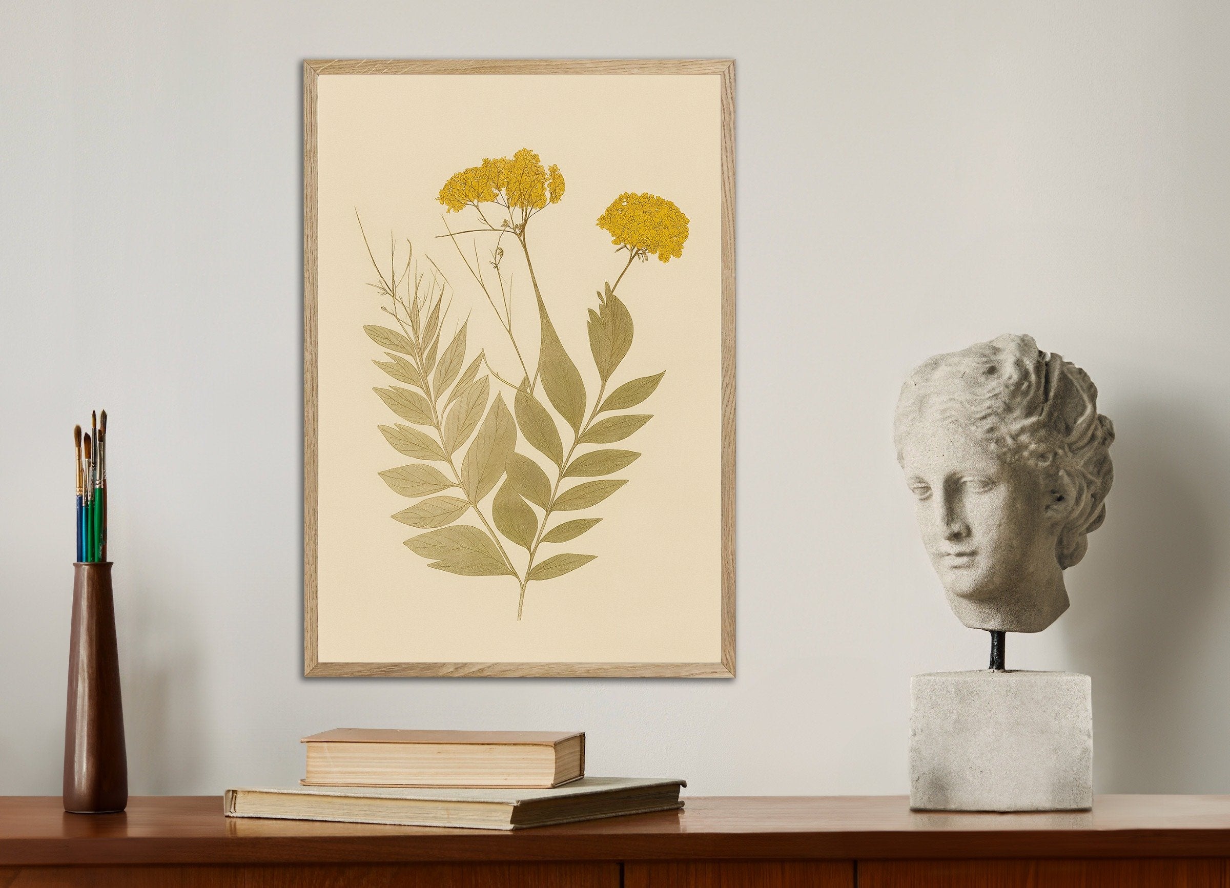 Poster of Dried Everlasting Flowers Poster – Autumn Botanical Art, with natural wooden frame