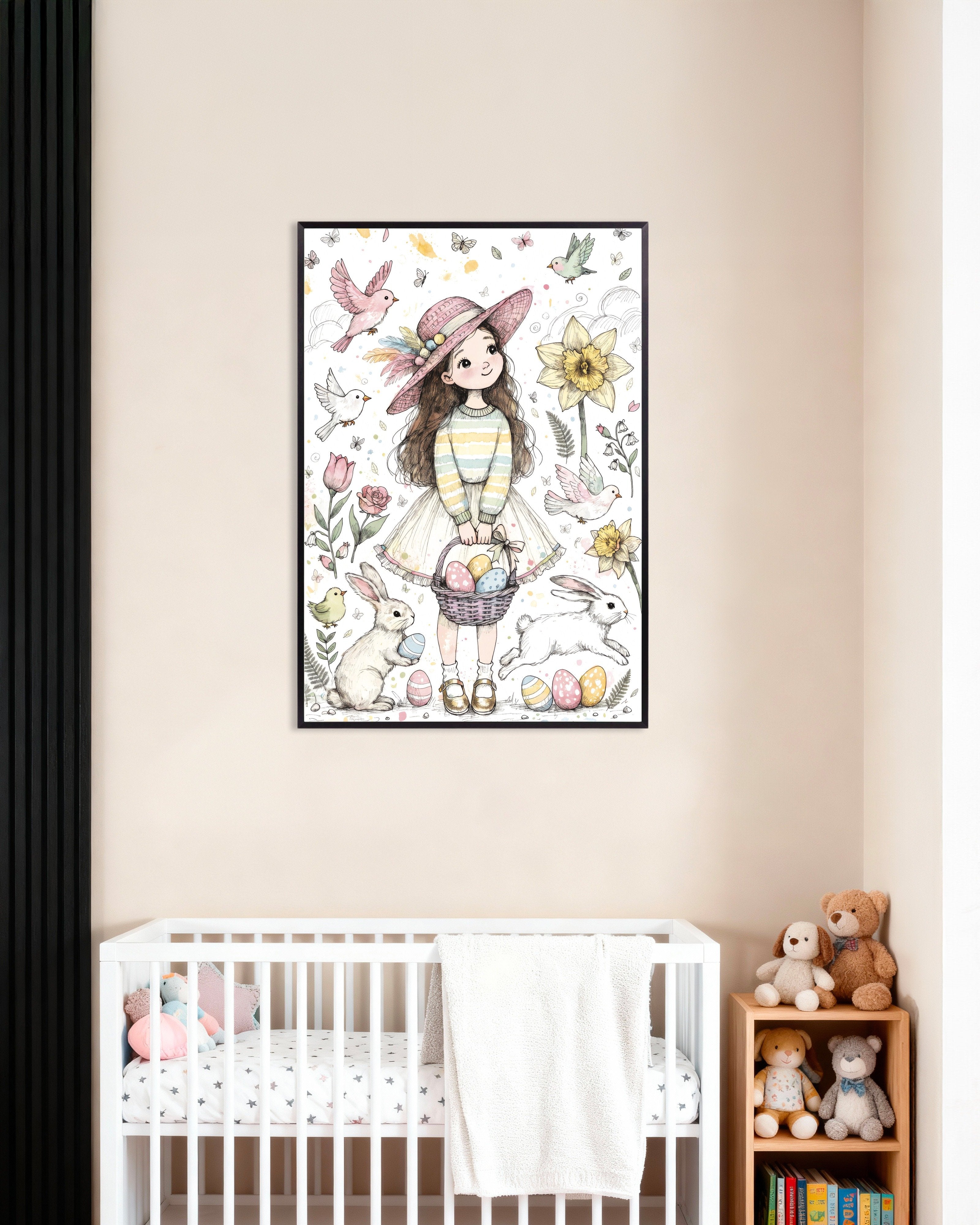 Poster of Easter Girl, Bunnies and Eggs - Pastel Spring Poster, with metal frame