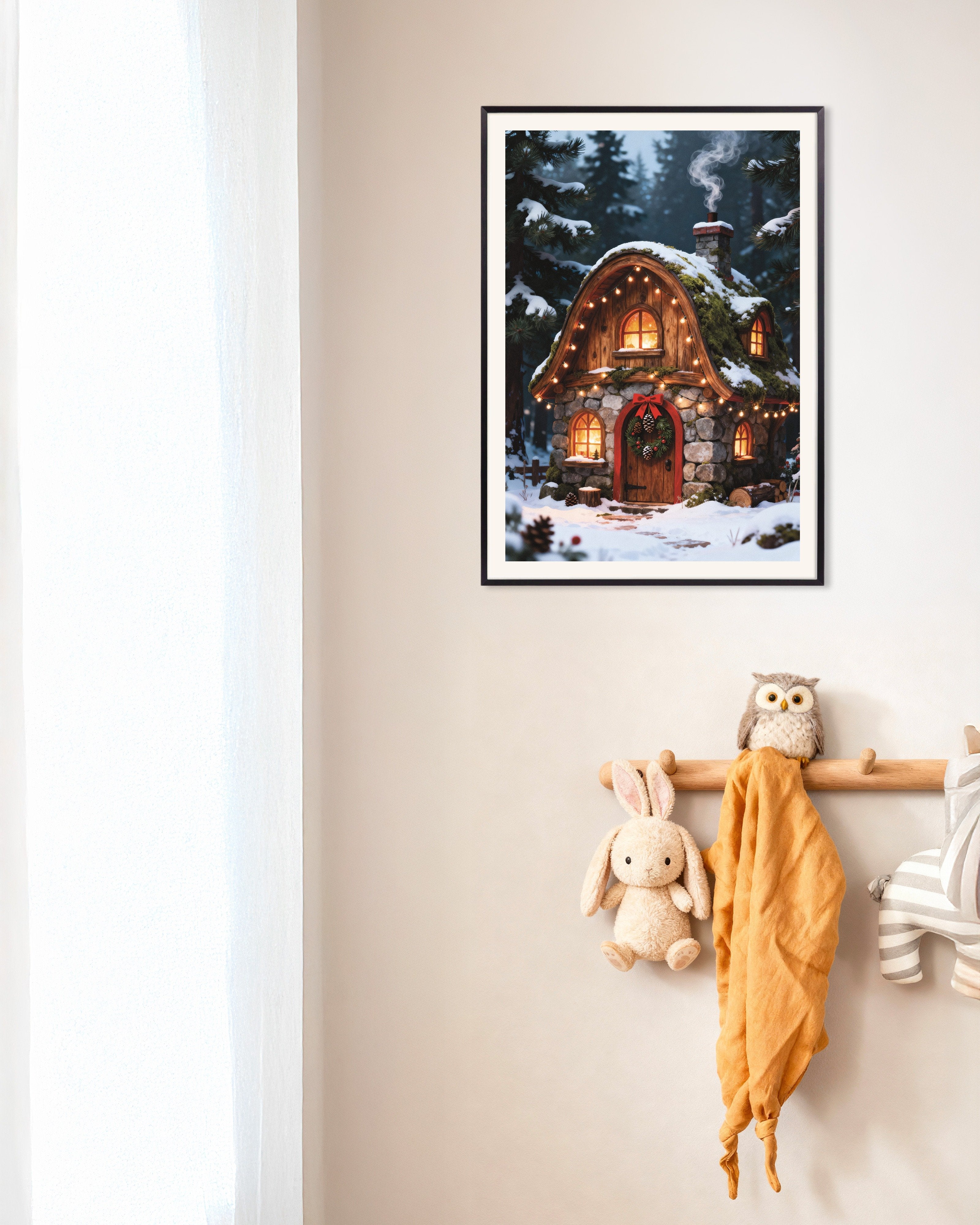Poster of Elf cottage in the snowy forest poster, with metal frame