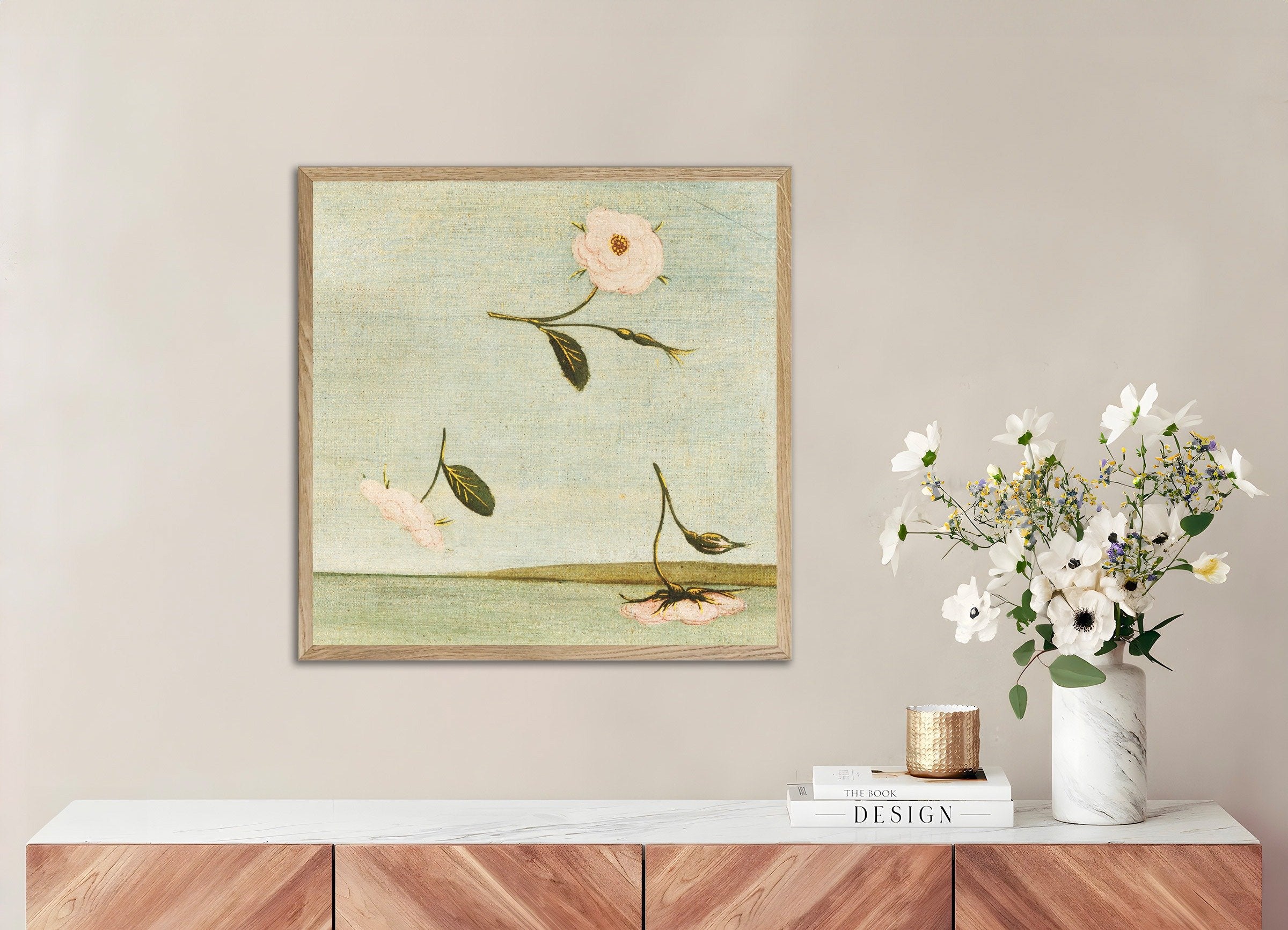 Poster of Falling Flowers from Botticelli’s Venus, with natural wooden frame