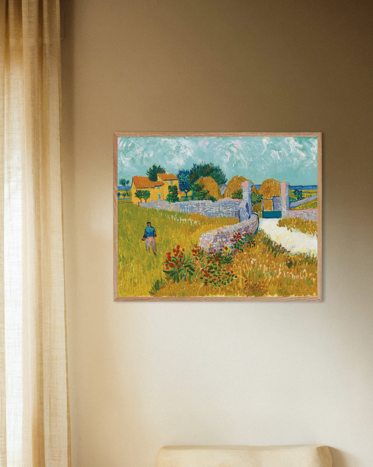 Poster of Farmhouse in Provence (1888) by Vincent van Gogh, with natural wooden frame