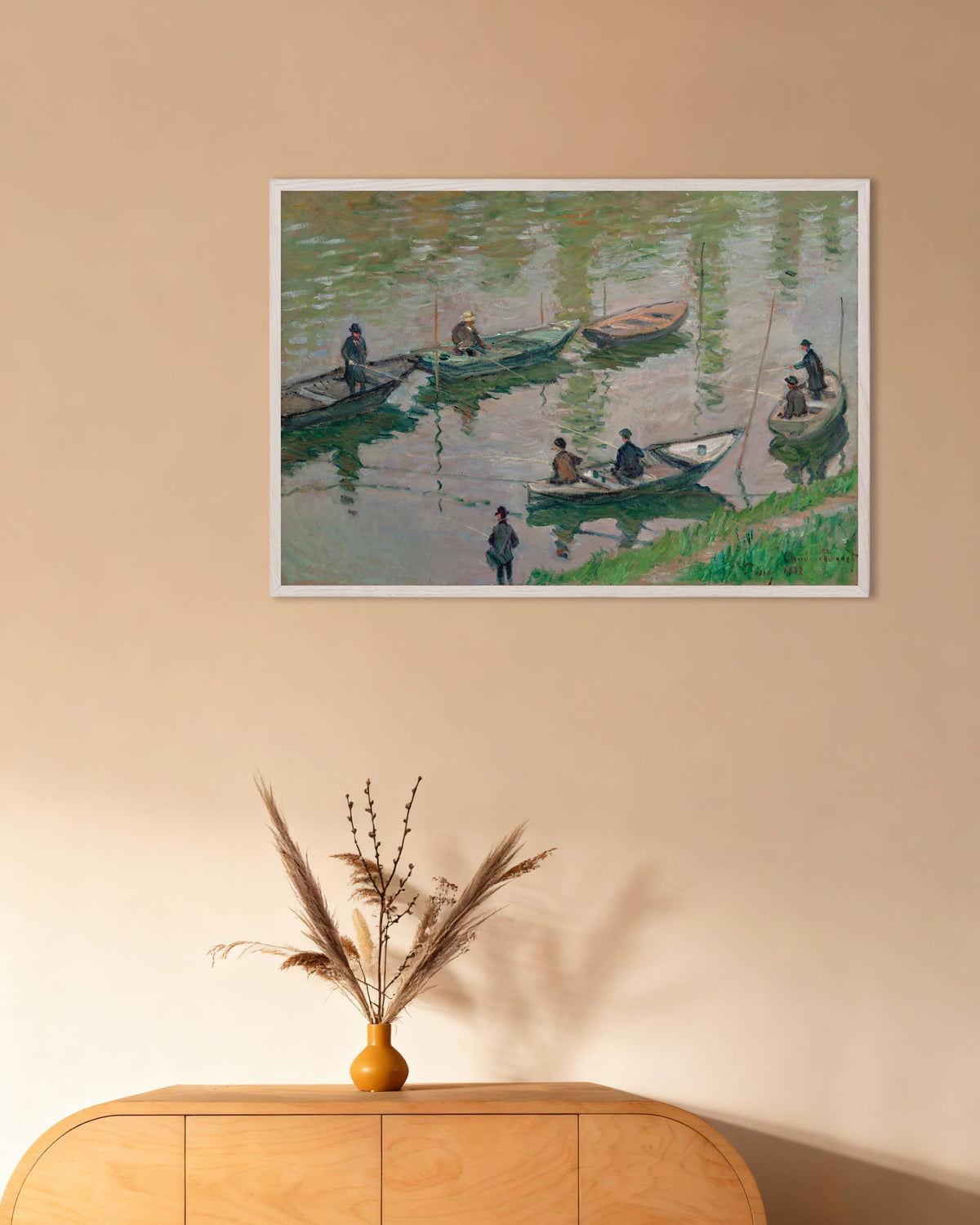 Poster of Fishermen on the Seine at Poissy (1882) by Claude Monet, with white wooden frame