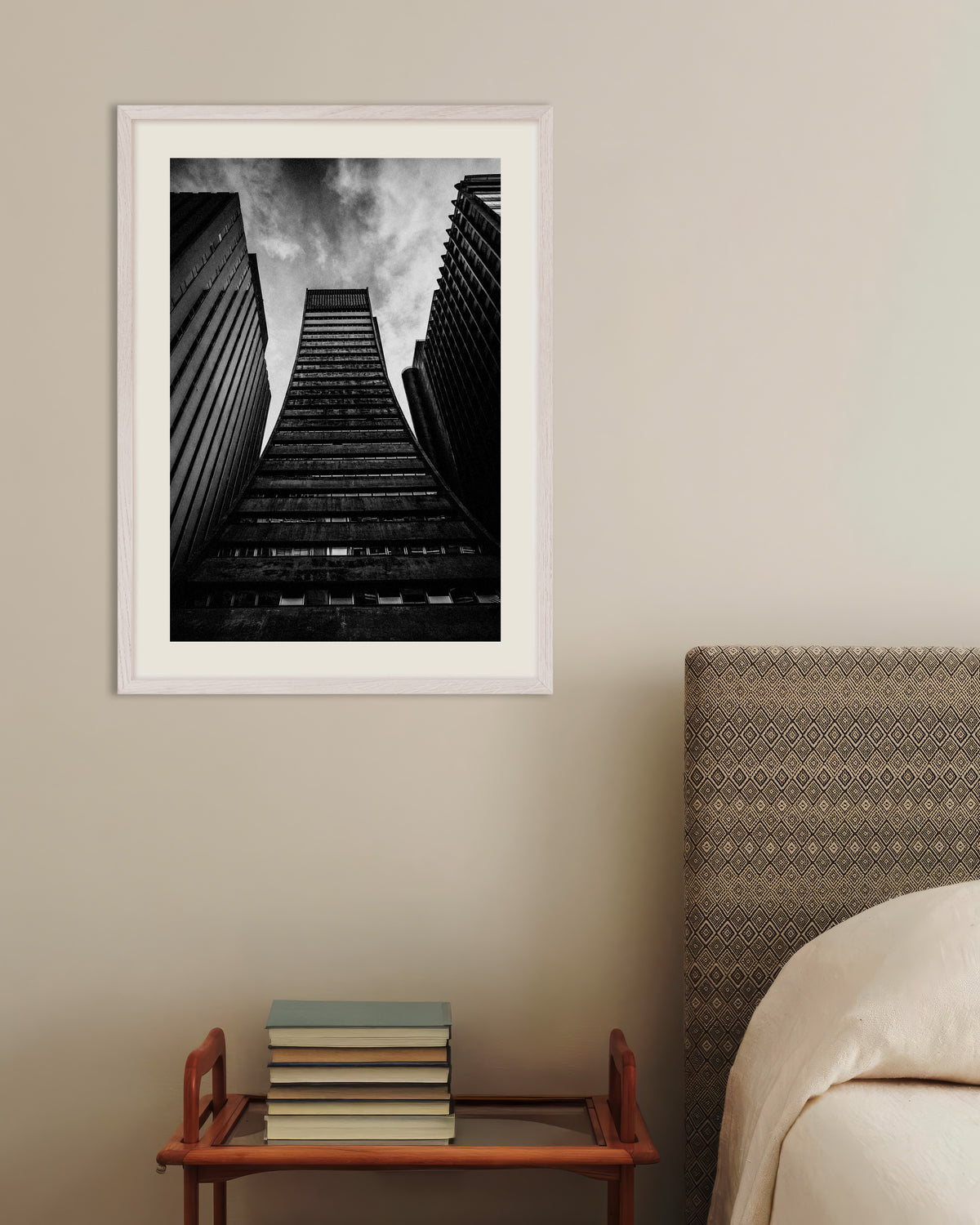Poster of Flared Tower Between Giants, with white wooden frame