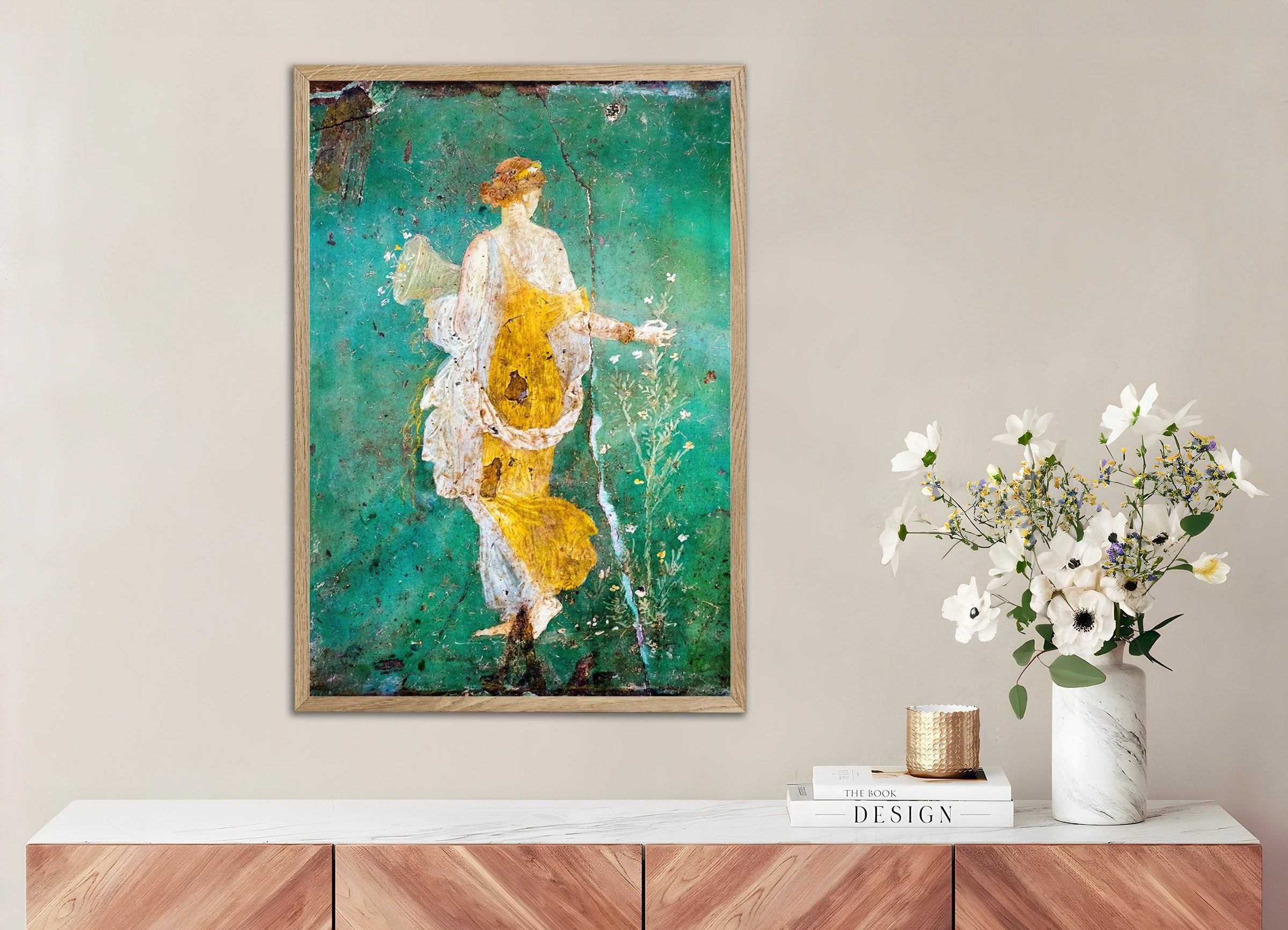 Poster of Flora Wall Fresco – Stabiae - Ancient Roman Painting, with natural wooden frame