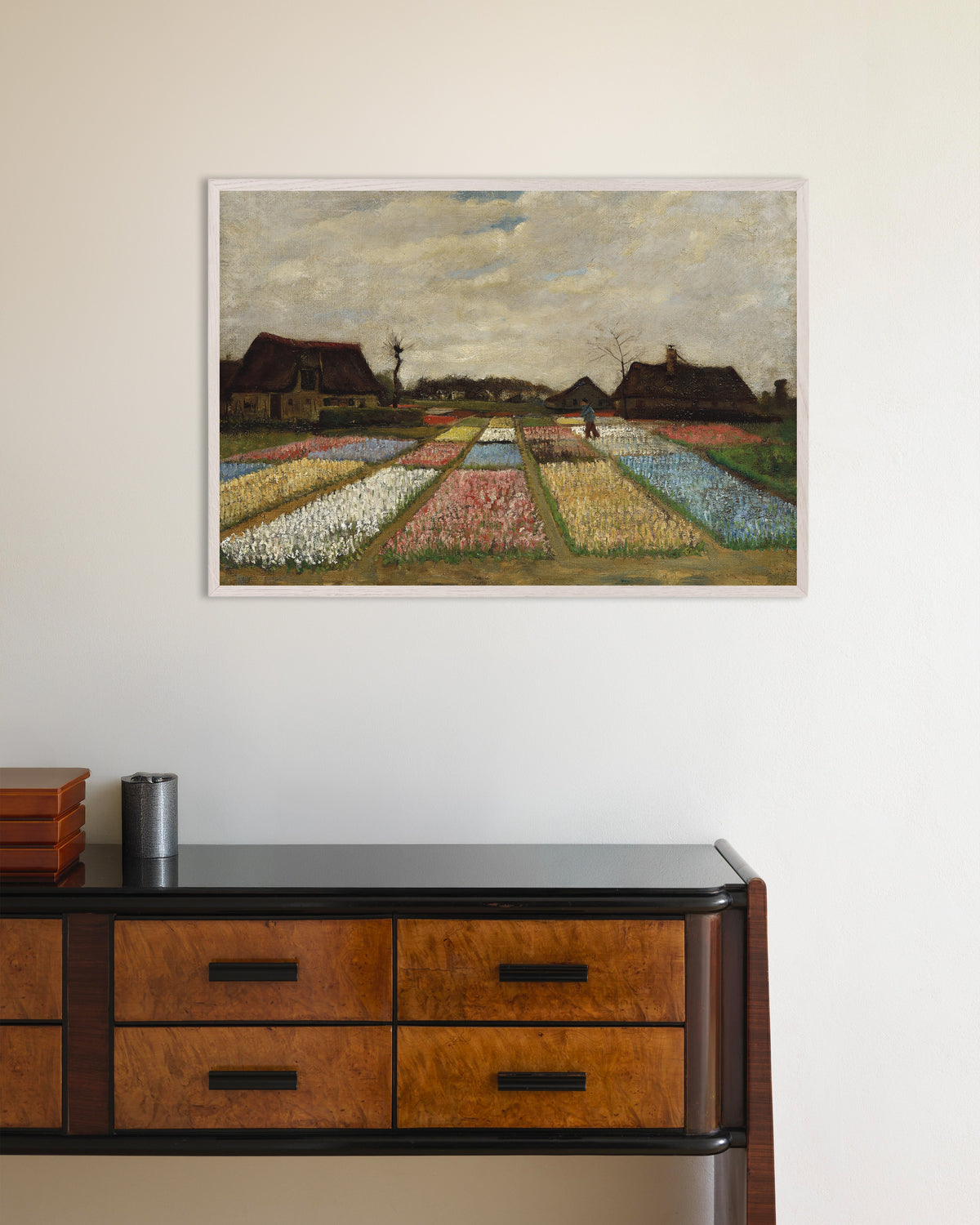 Poster of Flower Beds in Holland (c. 1883) by Vincent van Gogh, with white wooden frame