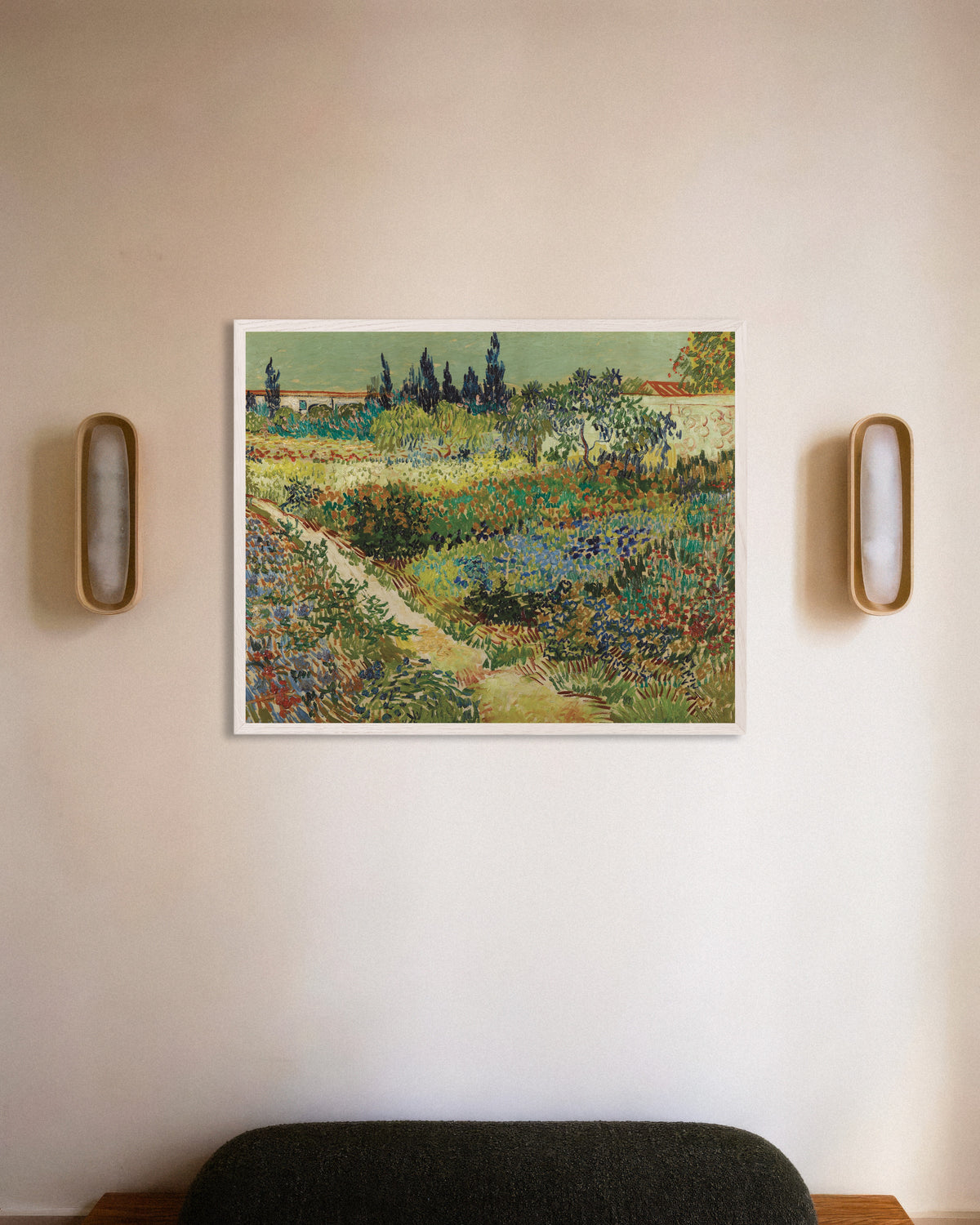 Poster of Garden at Arles (1888) by Vincent van Gogh, with white wooden frame
