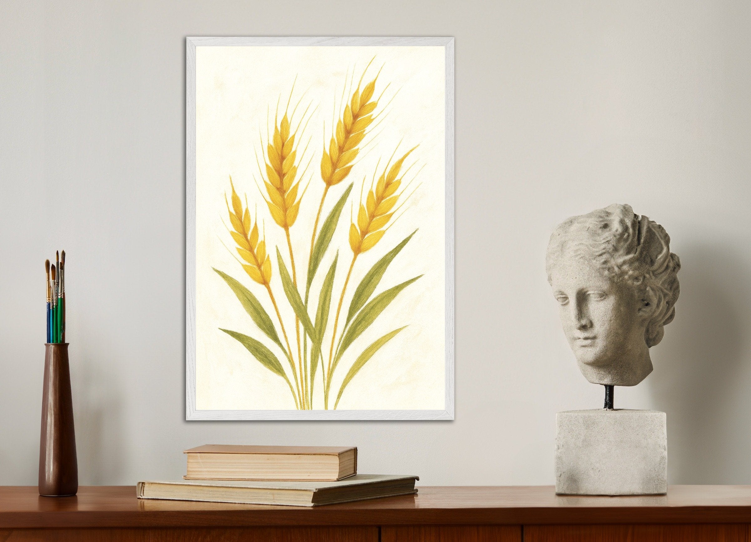 Poster of Golden wheat botanical art print, with white wooden frame