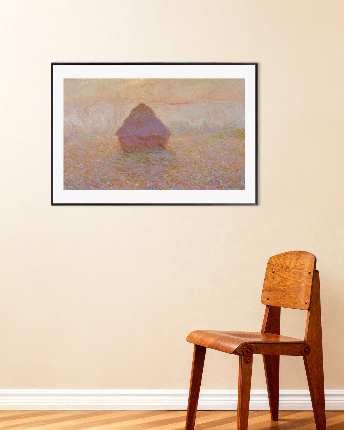 Poster of Grainstack, Sun in the Mist (1891) by Claude Monet, with metal frame