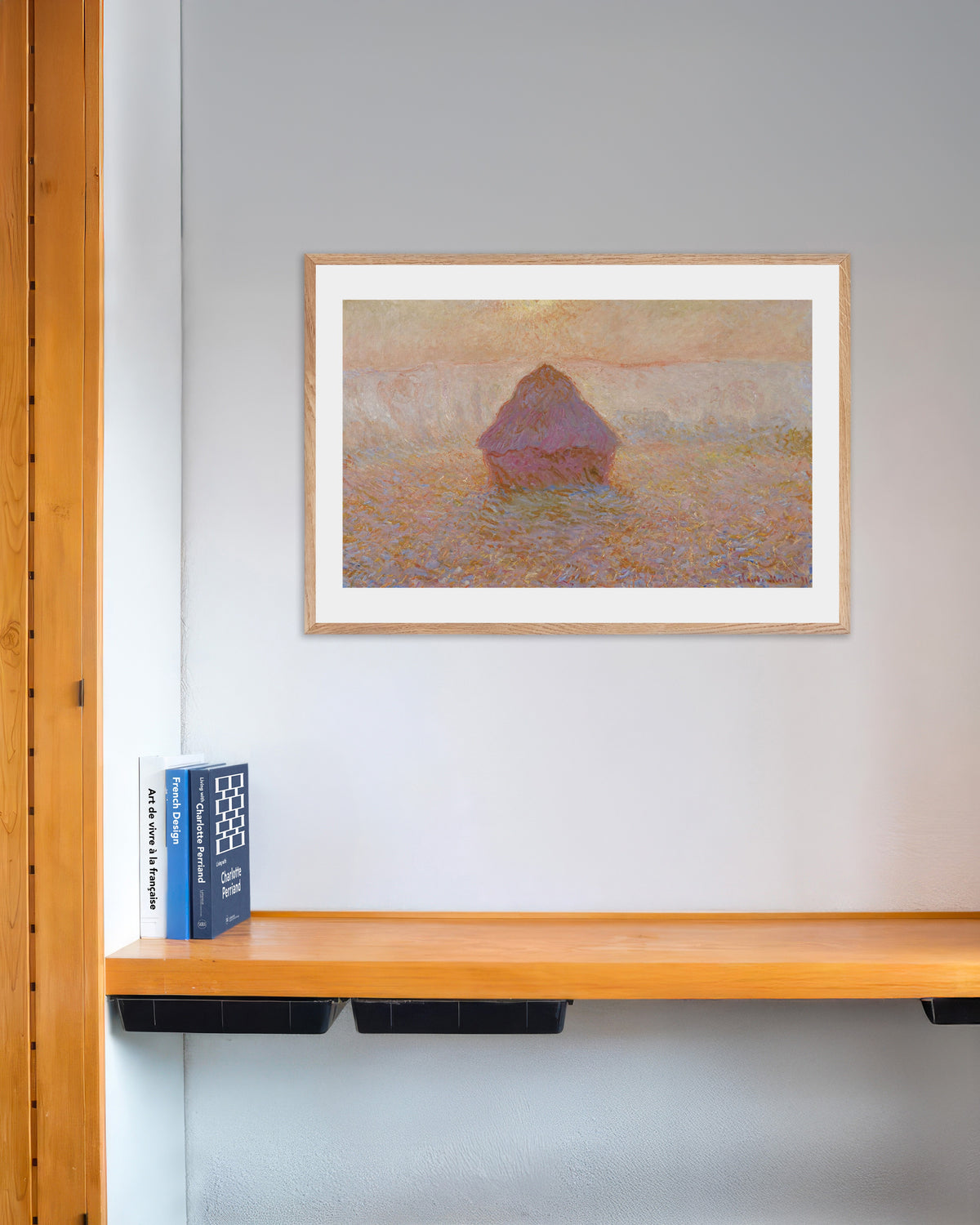 Poster of Grainstack, Sun in the Mist (1891) by Claude Monet, with natural wooden frame