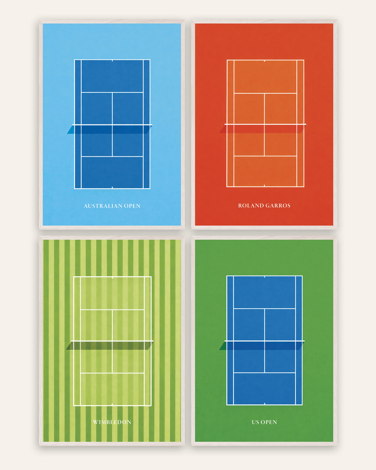 Grand Slam Tennis Posters Set of 4 – Australian Open, Roland Garros, Wimbledon & US Open, prints in white oak frames