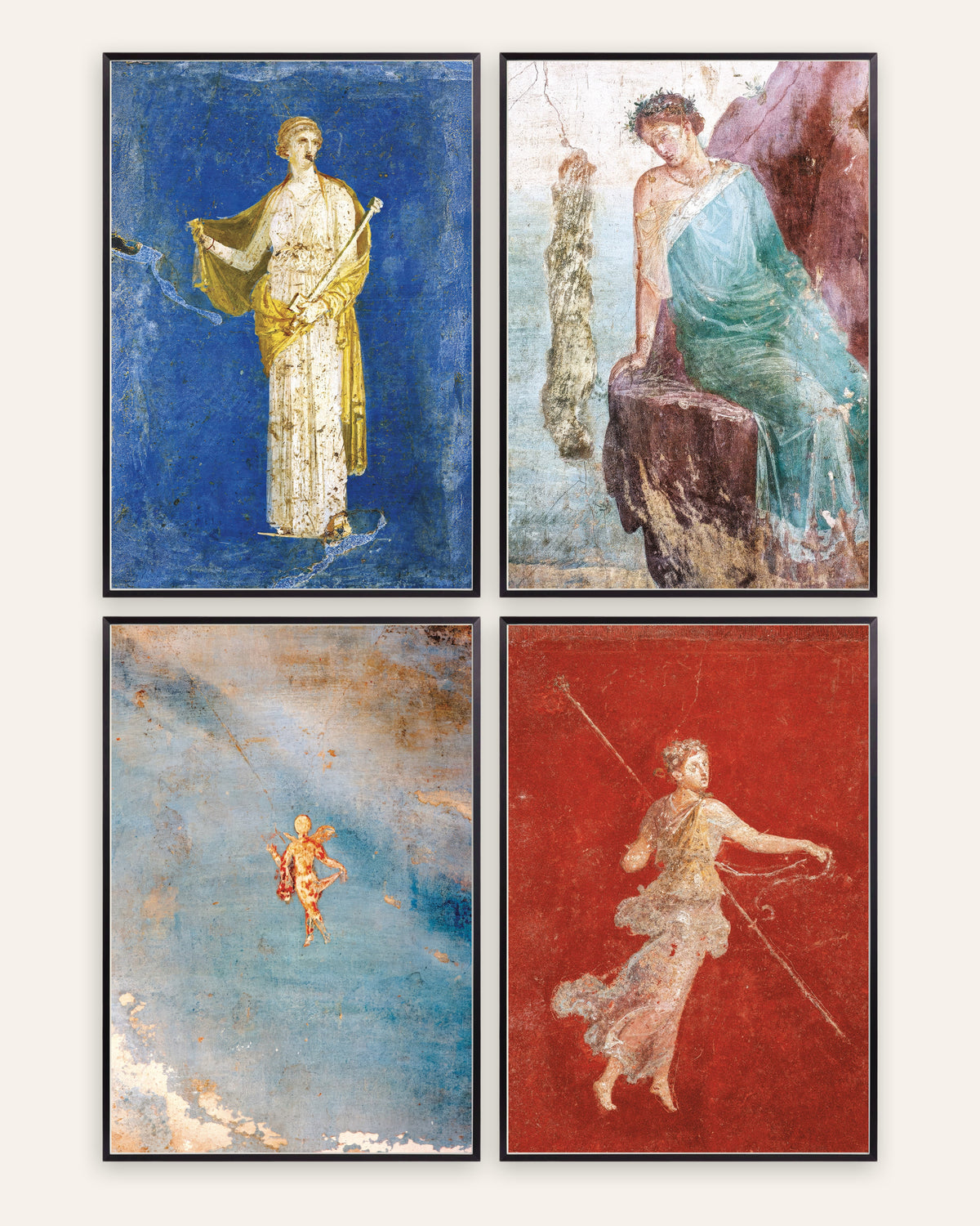 Romerske freskopostere, sett med 4: Medea, Ikaros, Psyche og mænade, i svarte metallrammer