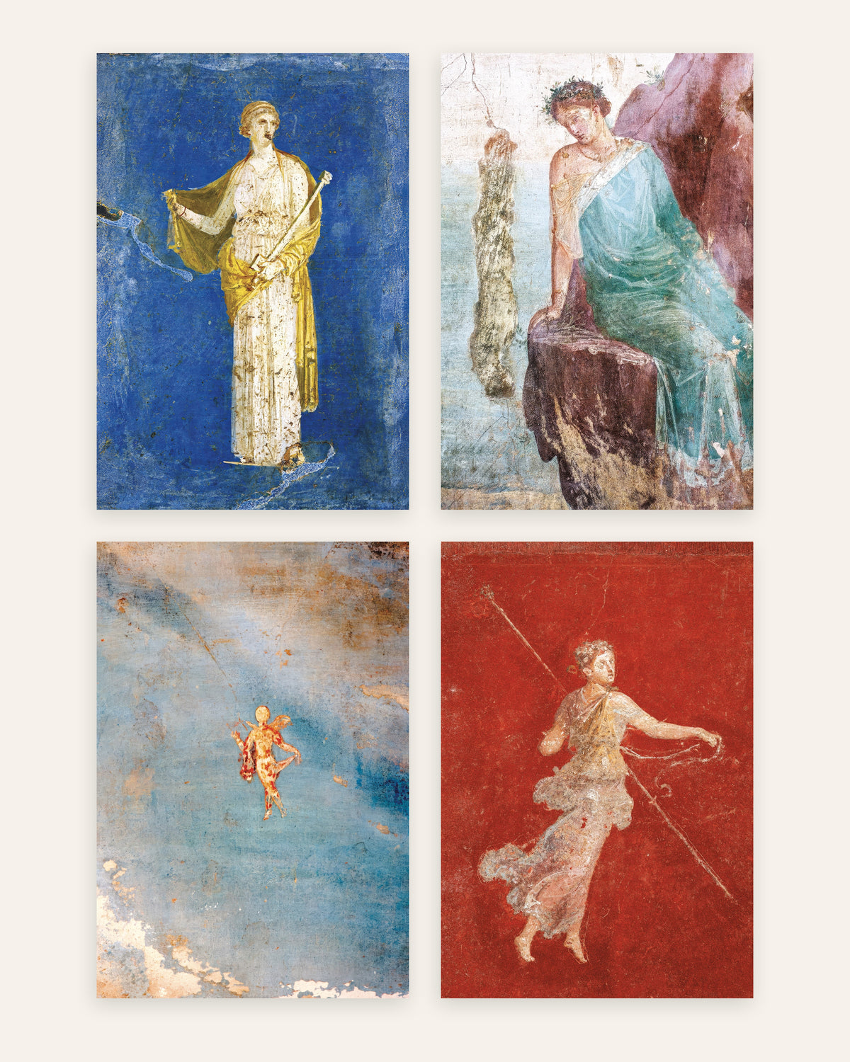 Romerske freskopostere, sett med 4: Medea, Ikaros, Psyche og mænade, uten ramme