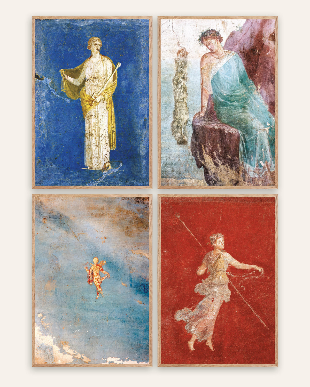 Romerske freskopostere, sett med 4: Medea, Ikaros, Psyche og mænade, i rammer av natureik