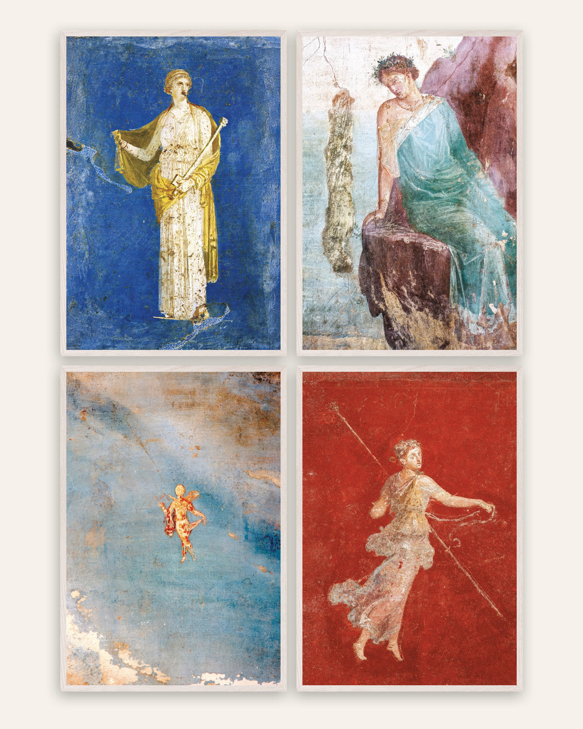 Romerske freskopostere, sett med 4: Medea, Ikaros, Psyche og mænade, i hvite eikerammer