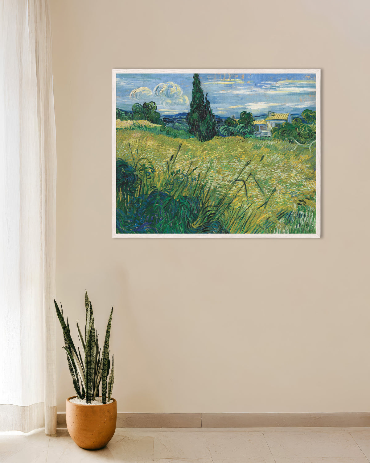 Poster of Green Wheat Field with Cypress (1889) by Vincent van Gogh, with white wooden frame