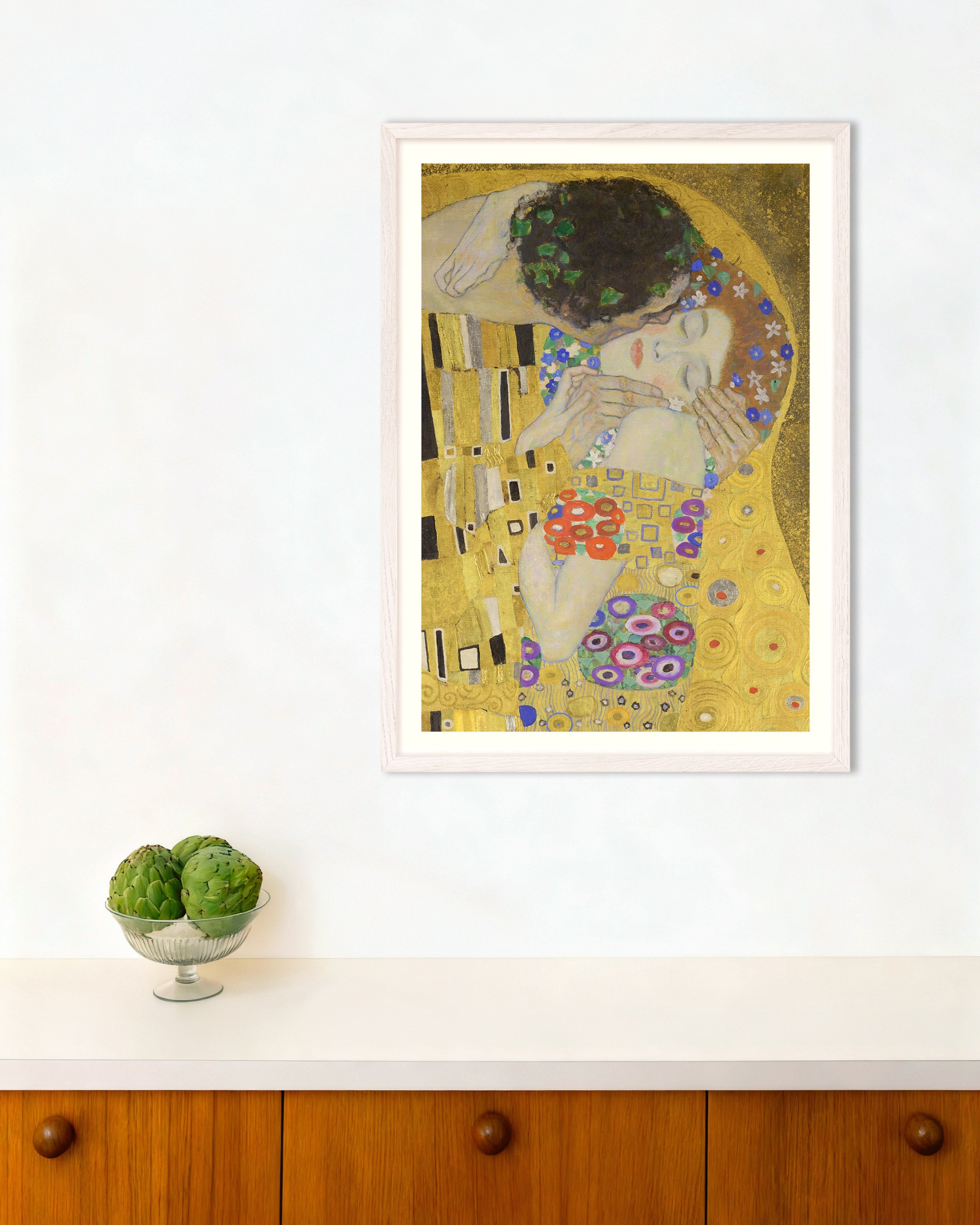Poster of Gustav Klimt Print - The Kiss, with white wooden frame