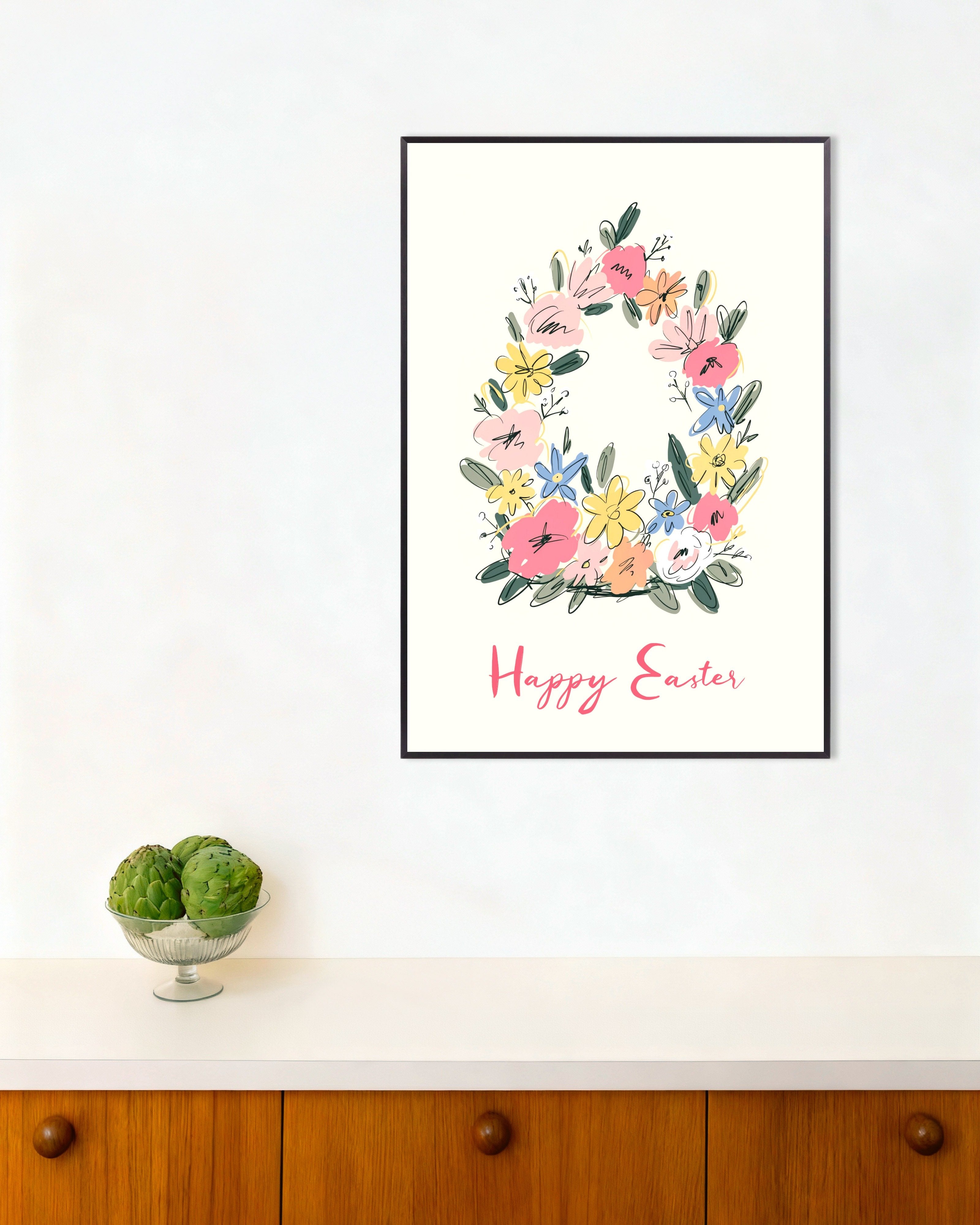 Poster of Happy Easter Floral Egg Wreath Poster, with metal frame