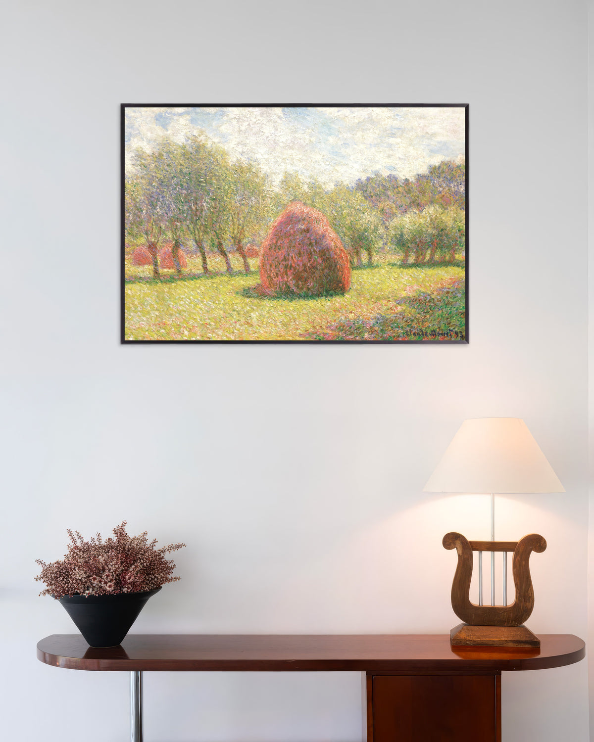 Plakat Høystakker i Giverny (1893) av Claude Monet med metallramme