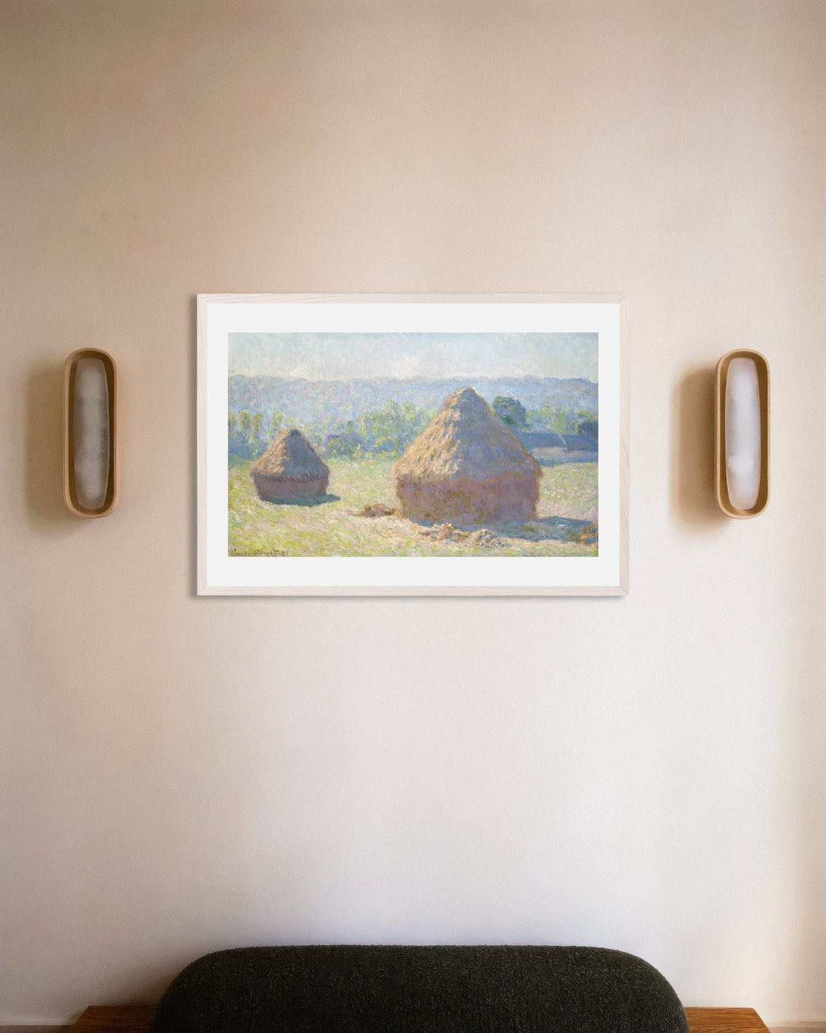 Poster of Haystacks, End of Summer (1891) by Claude Monet, with white wooden frame