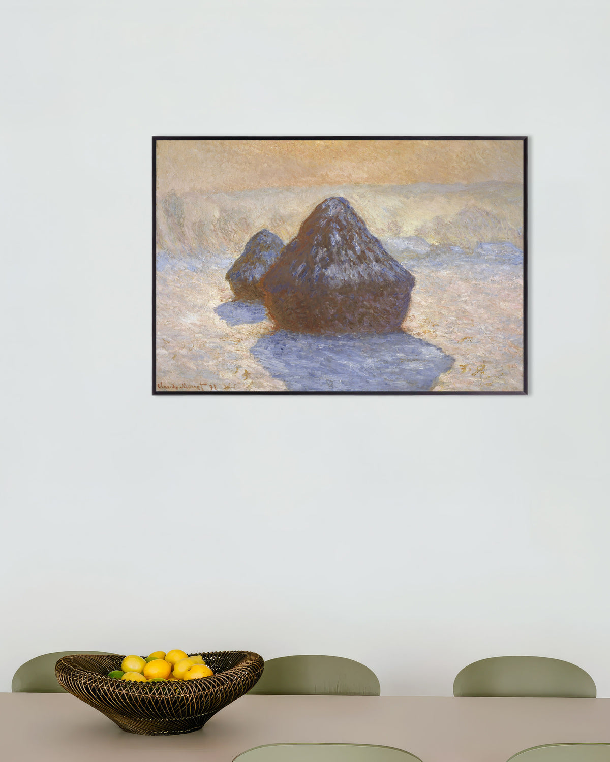 Plakat Kornstakker, snøeffekt (1891) av Claude Monet med metallramme