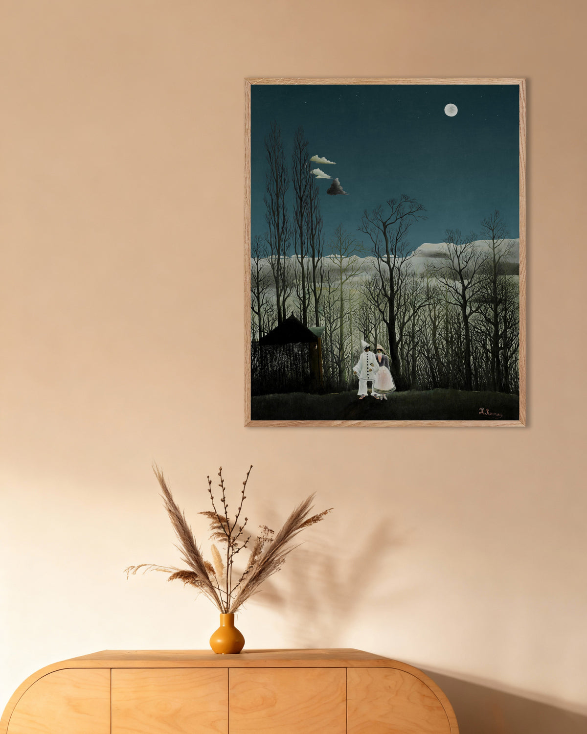 Poster av Henri Rousseau – En karnevalskveld (detalj), med ramme av naturtre