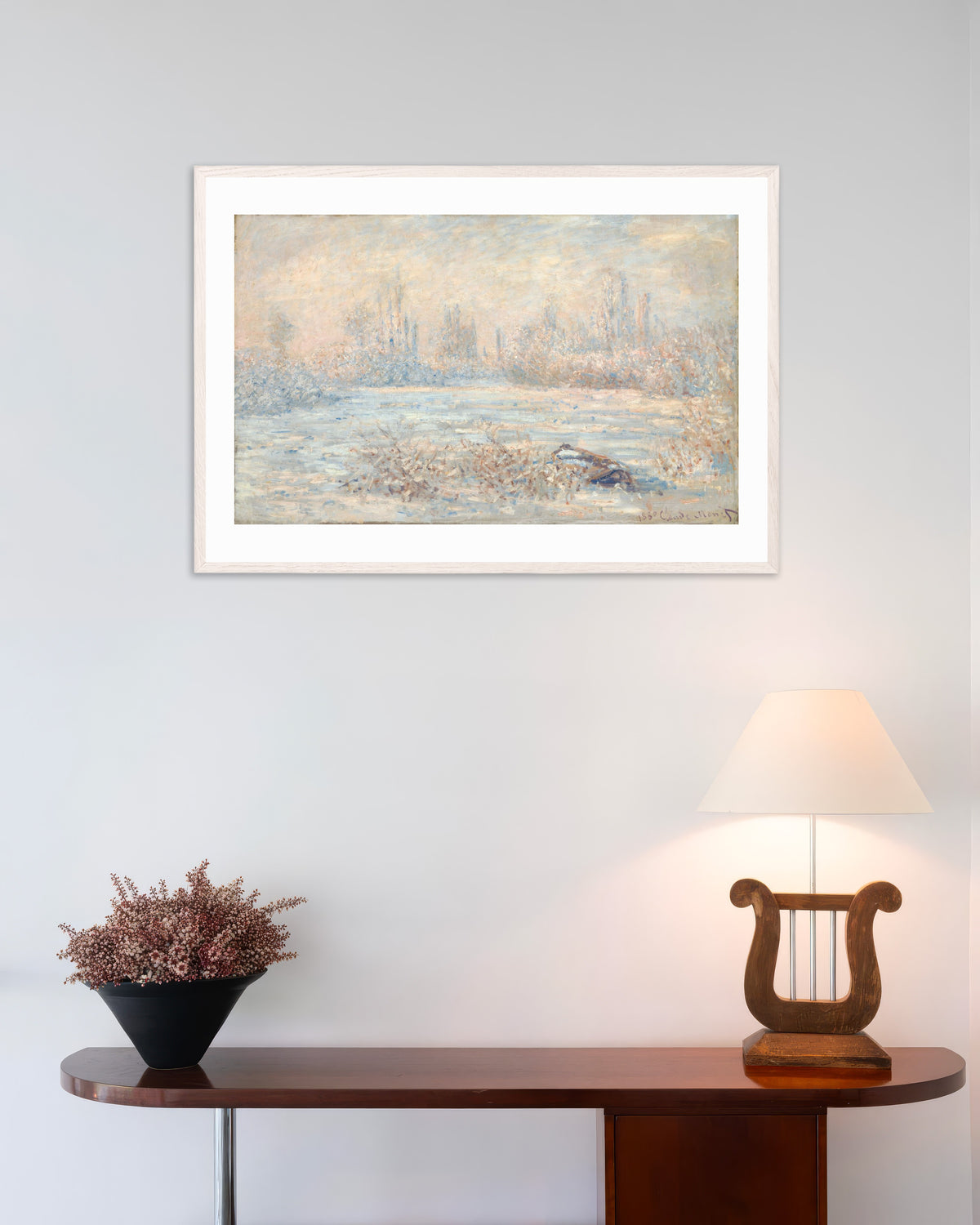 Poster of Hoarfrost (1880) by Claude Monet, with white wooden frame