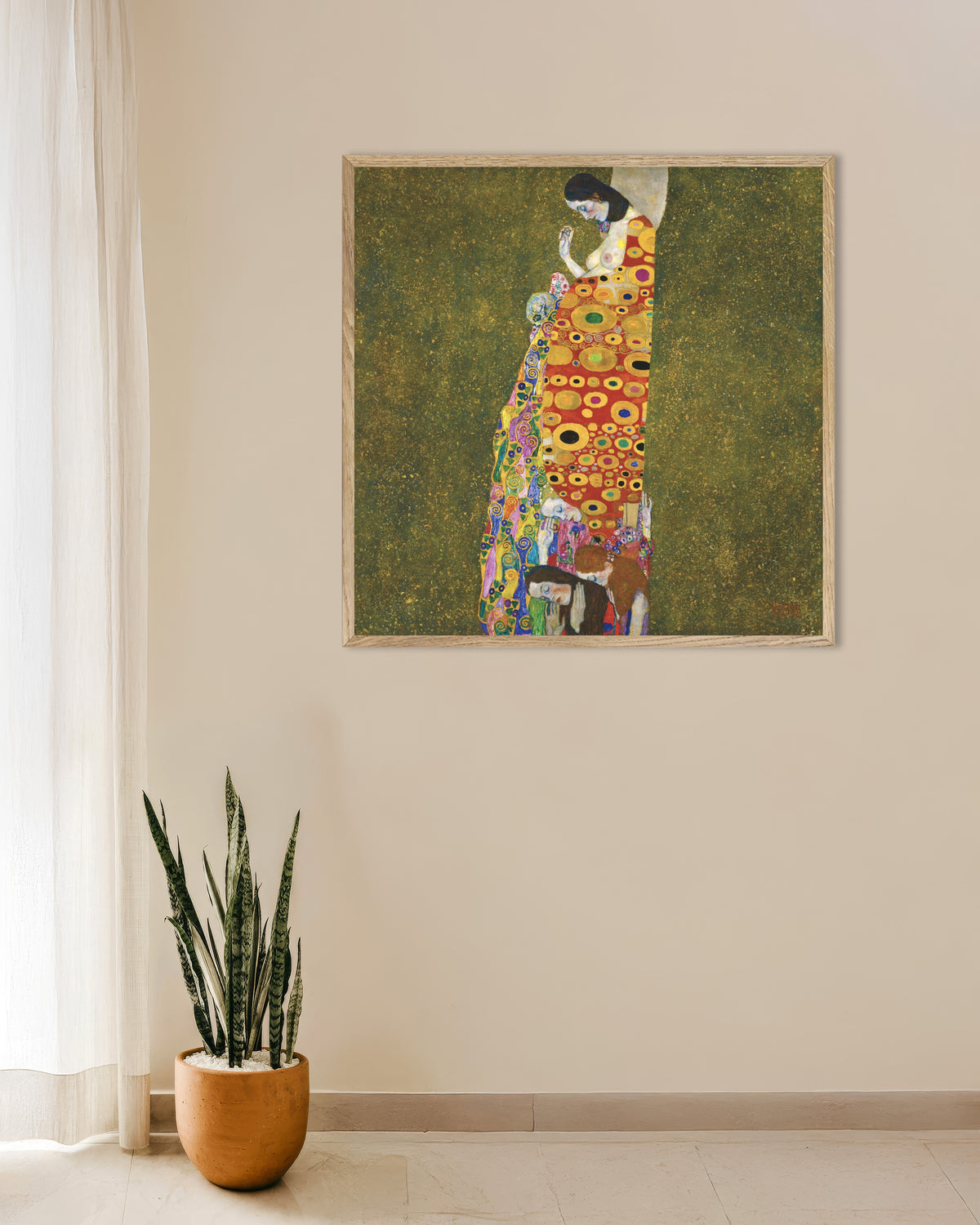Plakat Håpet II (1907–1908) av Gustav Klimt med ramme i naturtre