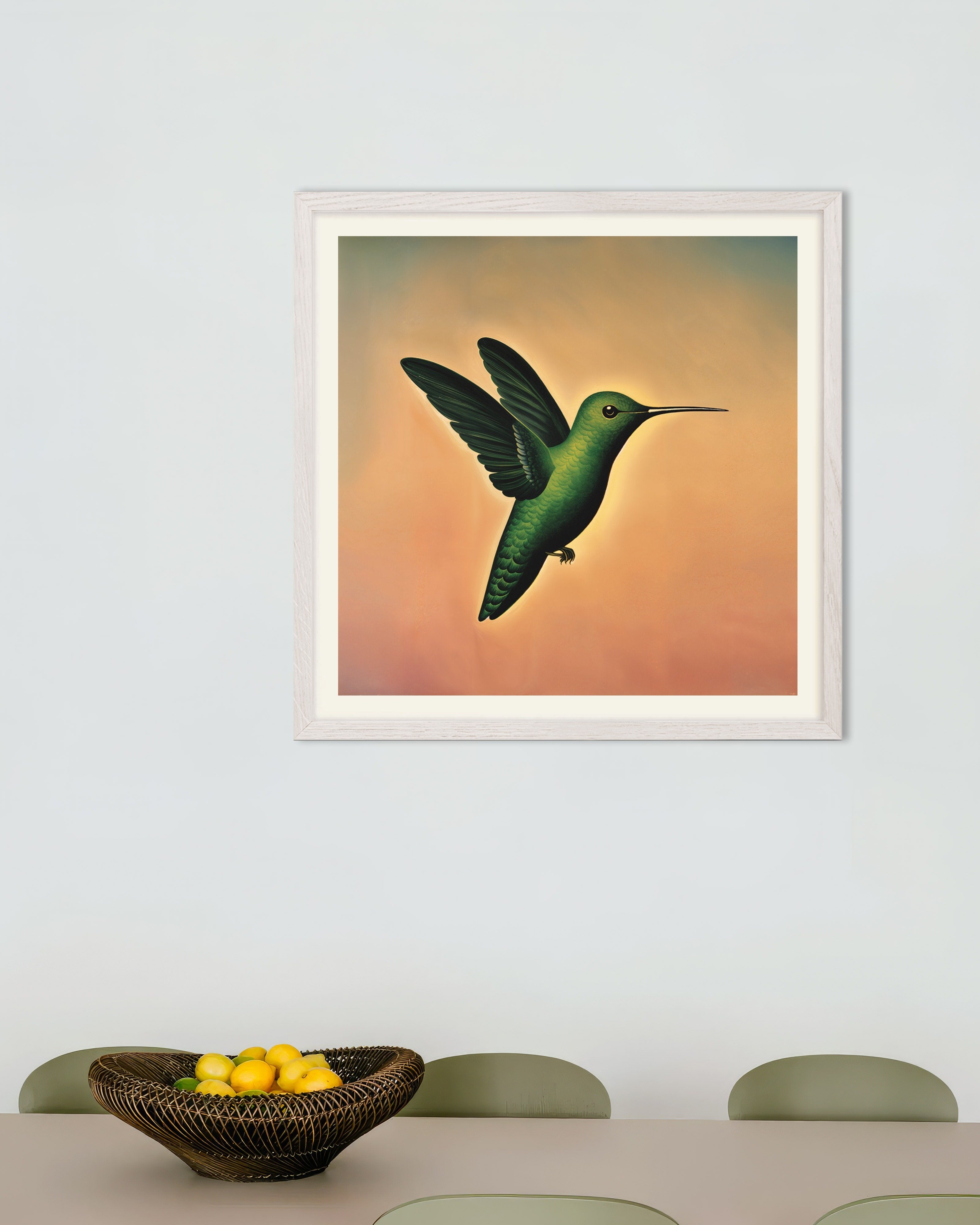Poster of Hummingbird in Soft Sky Poster, with white wooden frame