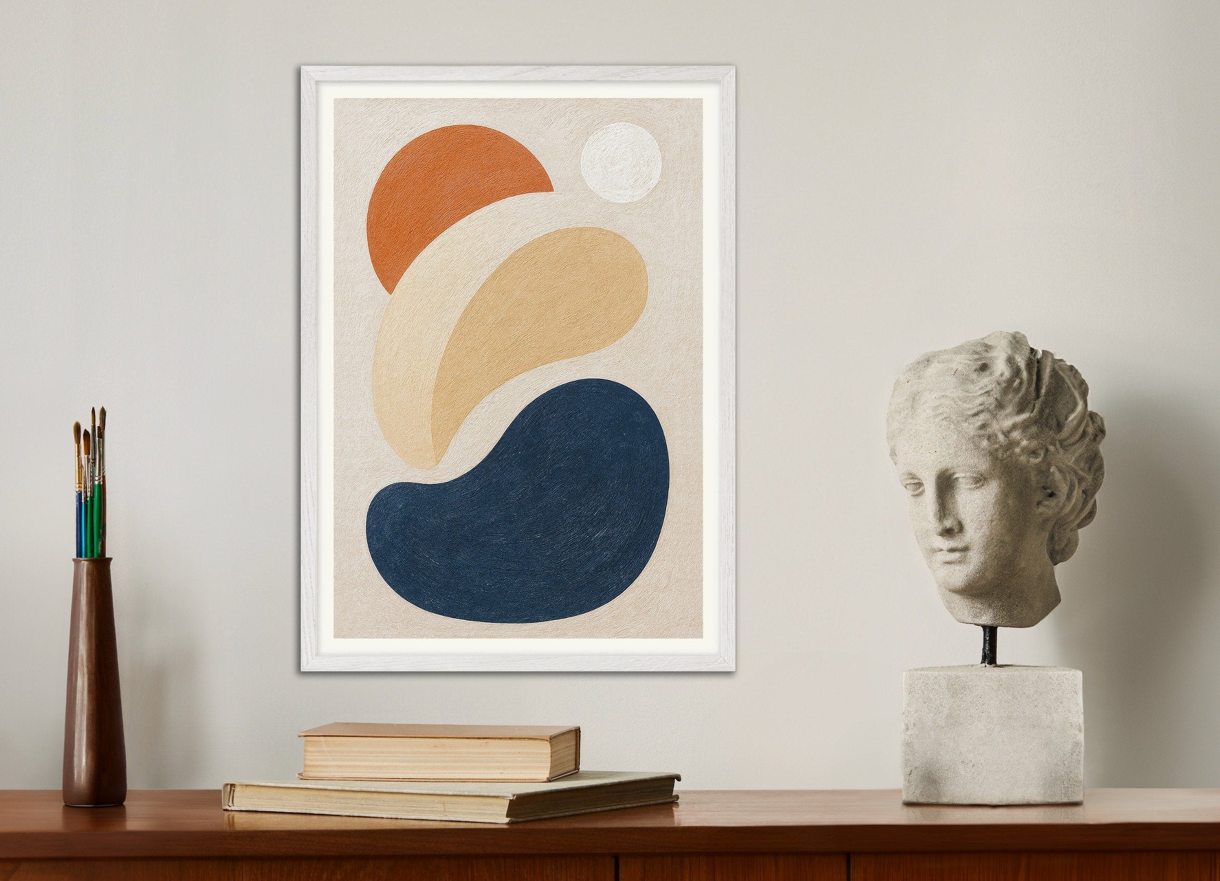 Poster of Intrications – abstract shapes poster in earthy tones, with white wooden frame