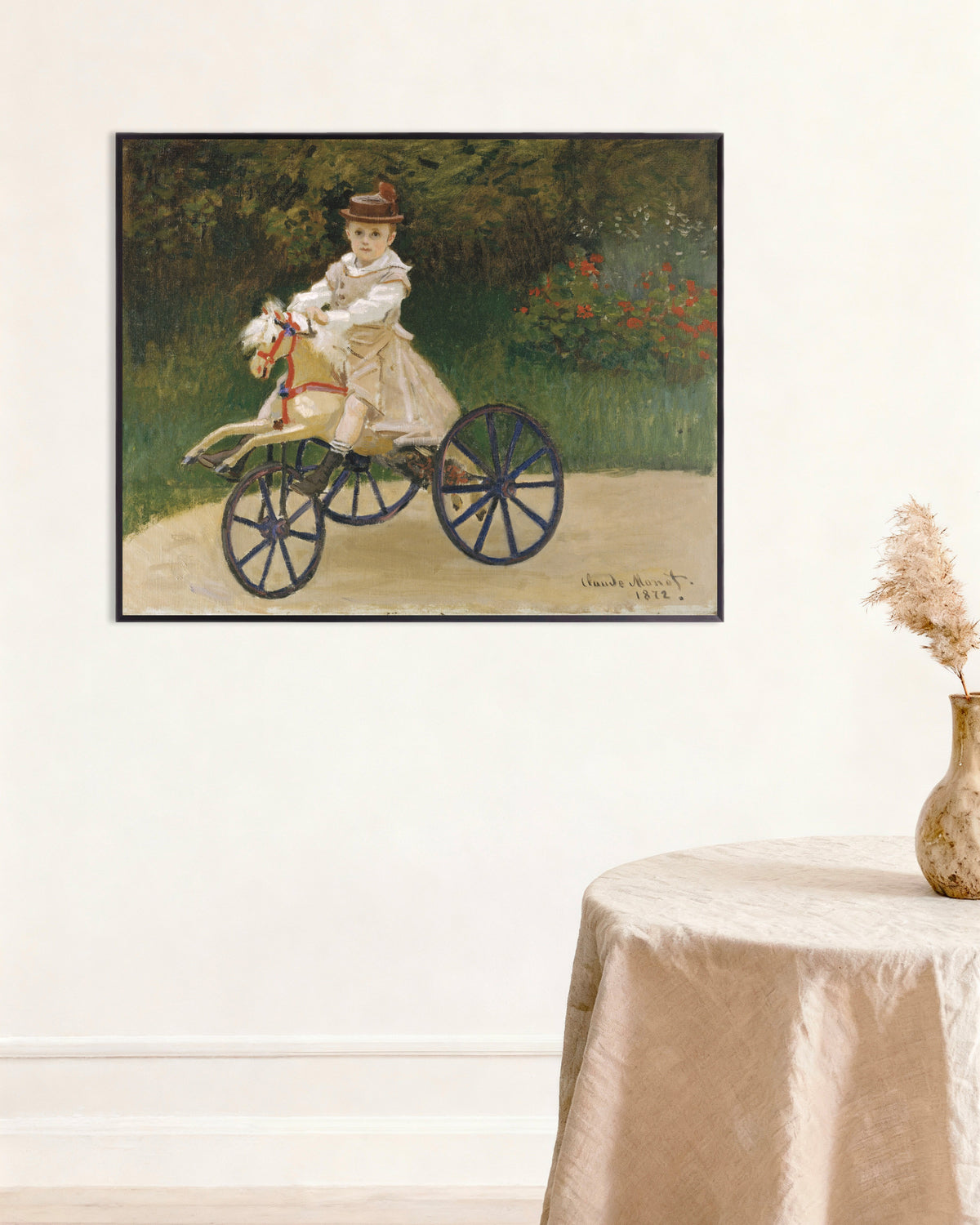 Plakat Jean Monet på kjepphesten sin (1872) av Claude Monet med metallramme