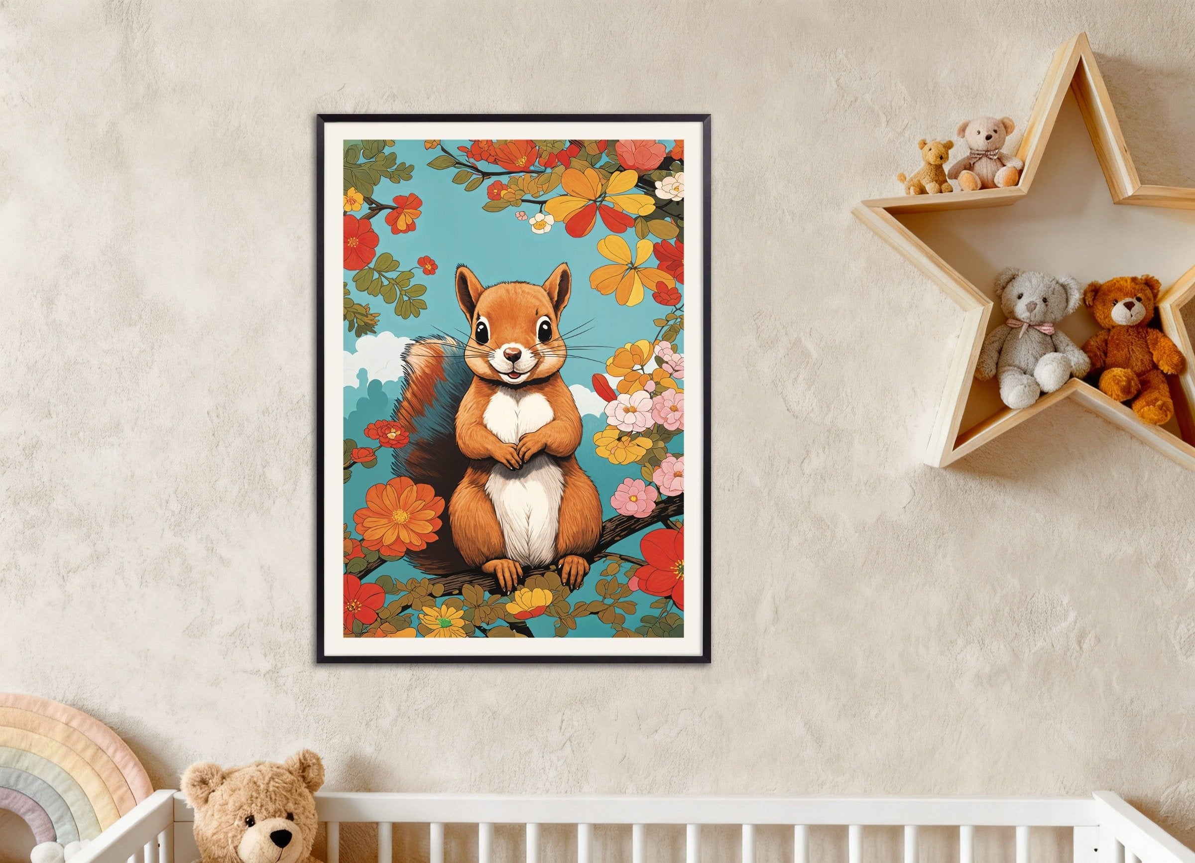 Poster of Kawaii Squirrel Poster – Whimsical Kids’ Room Art, with metal frame