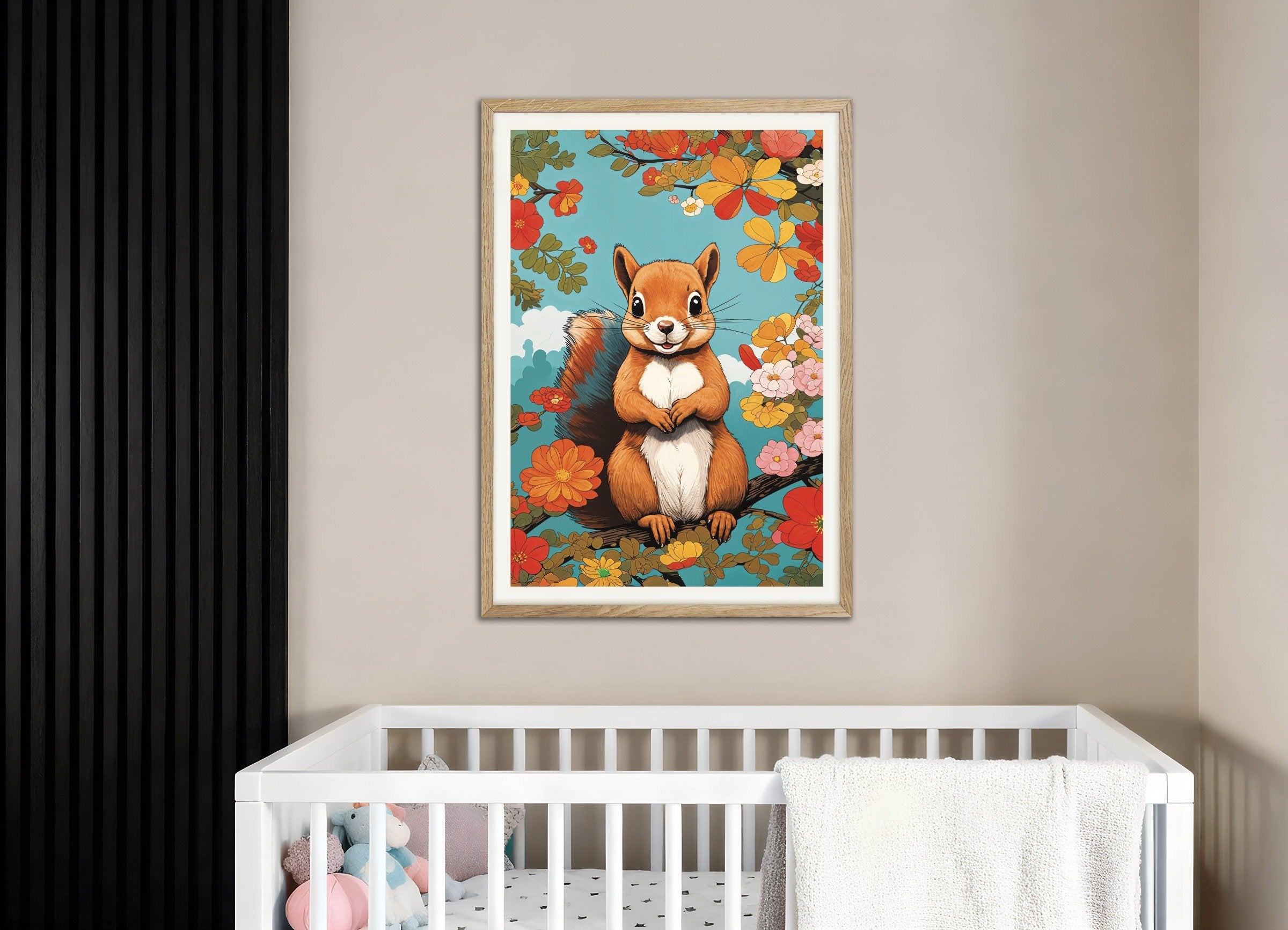 Poster of Kawaii Squirrel Poster – Whimsical Kids’ Room Art, with natural wooden frame