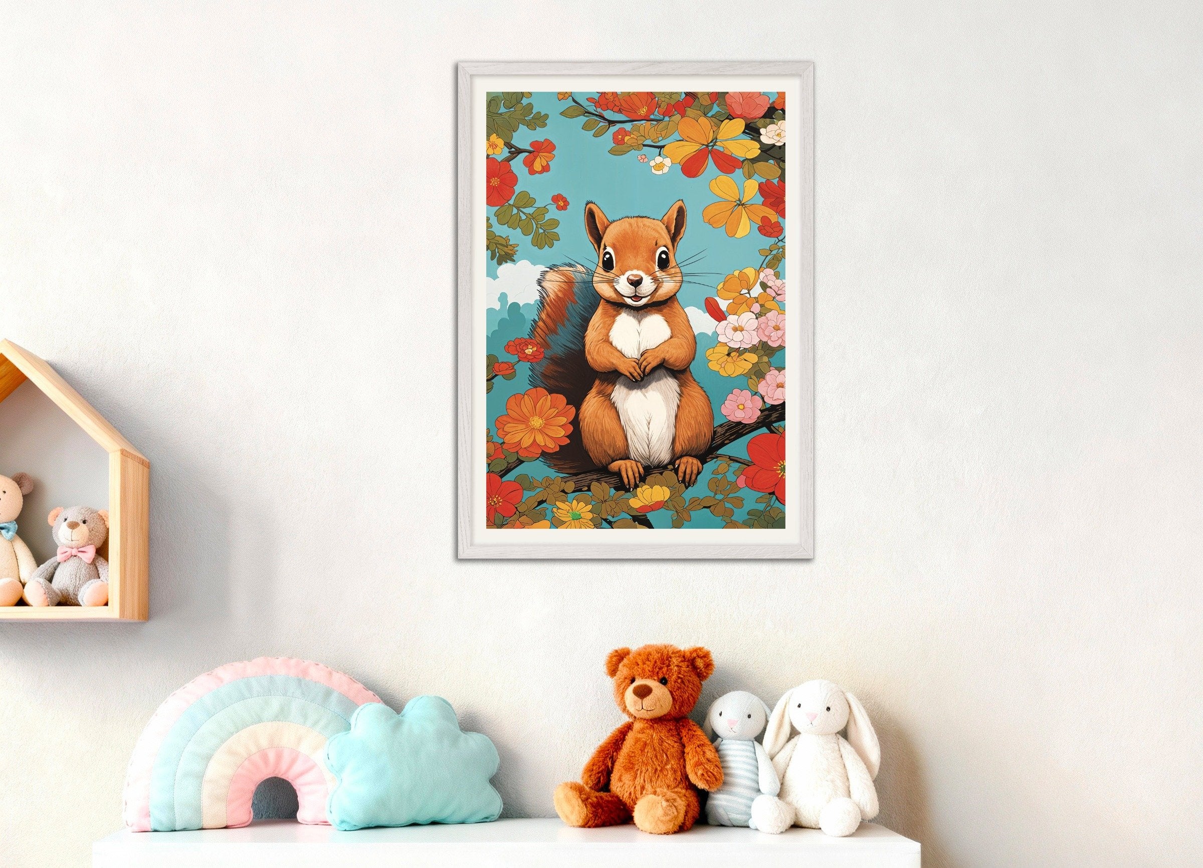 Poster of Kawaii Squirrel Poster – Whimsical Kids’ Room Art, with white wooden frame