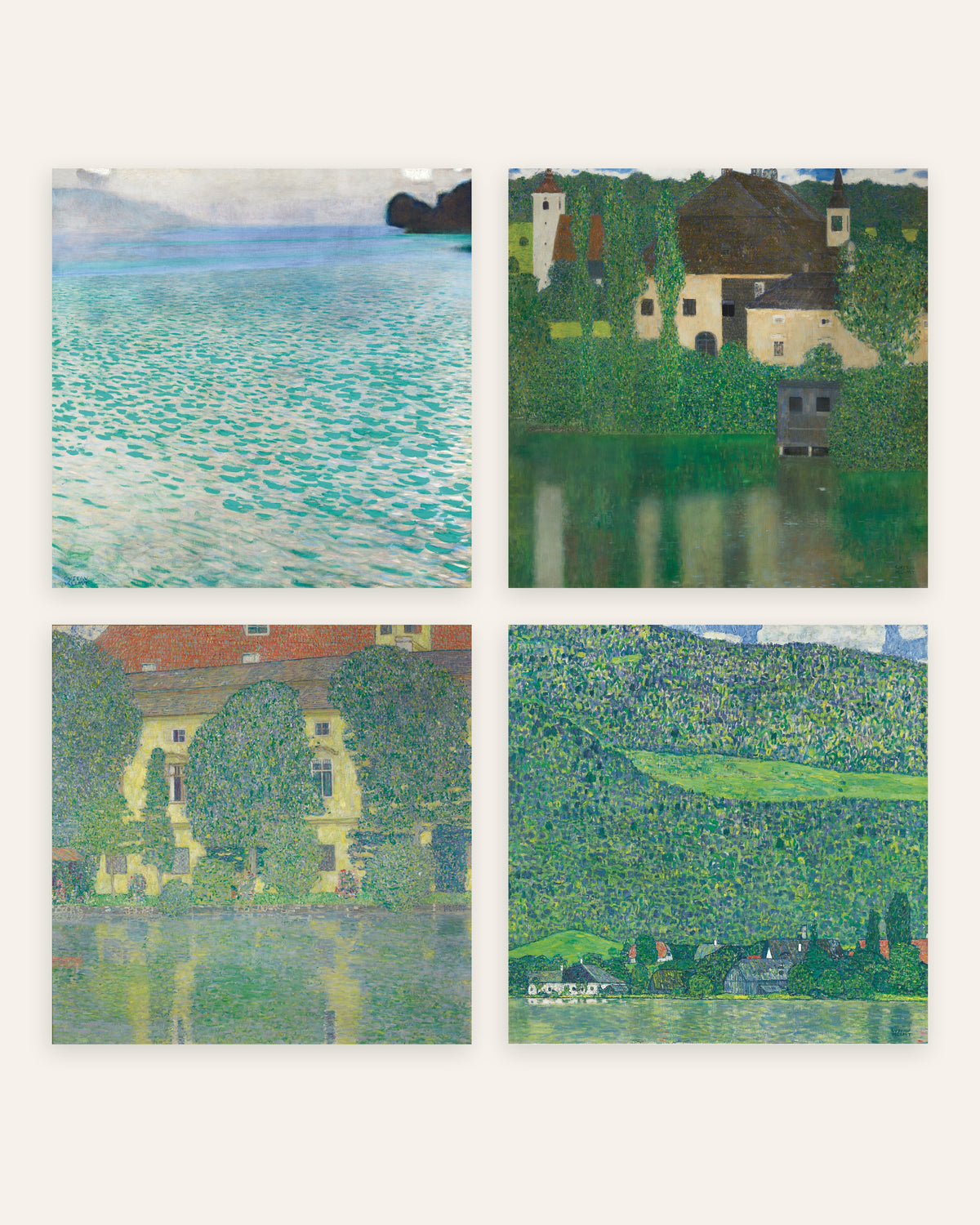 Klimt-postere, sett med 4: Attersee, Vannslottet, Schloss Kammer og Litzlberg, uten ramme
