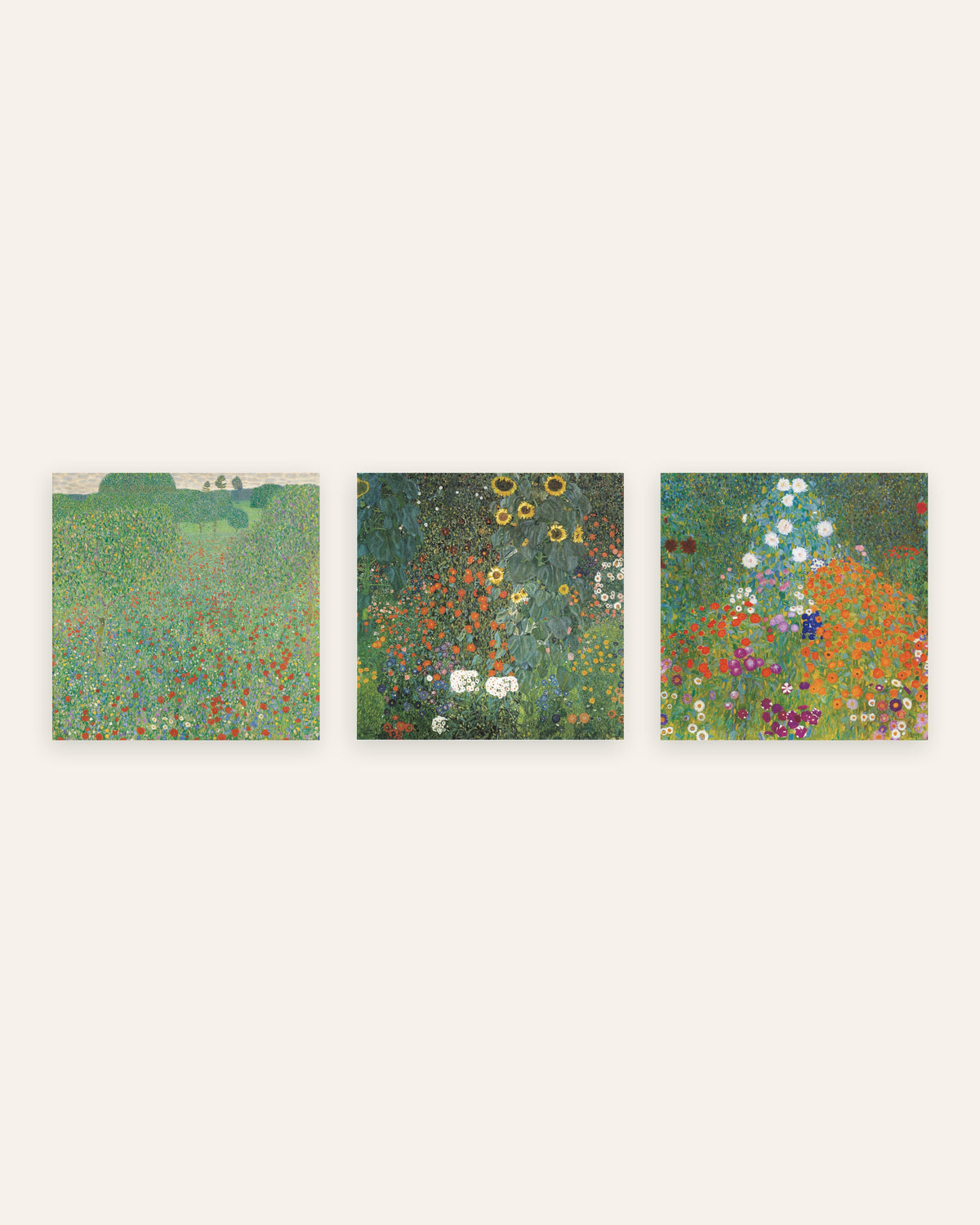 Klimt-postere, sett med 3: Valmueeng, Bondehage med solsikker og Bondehage, uten ramme