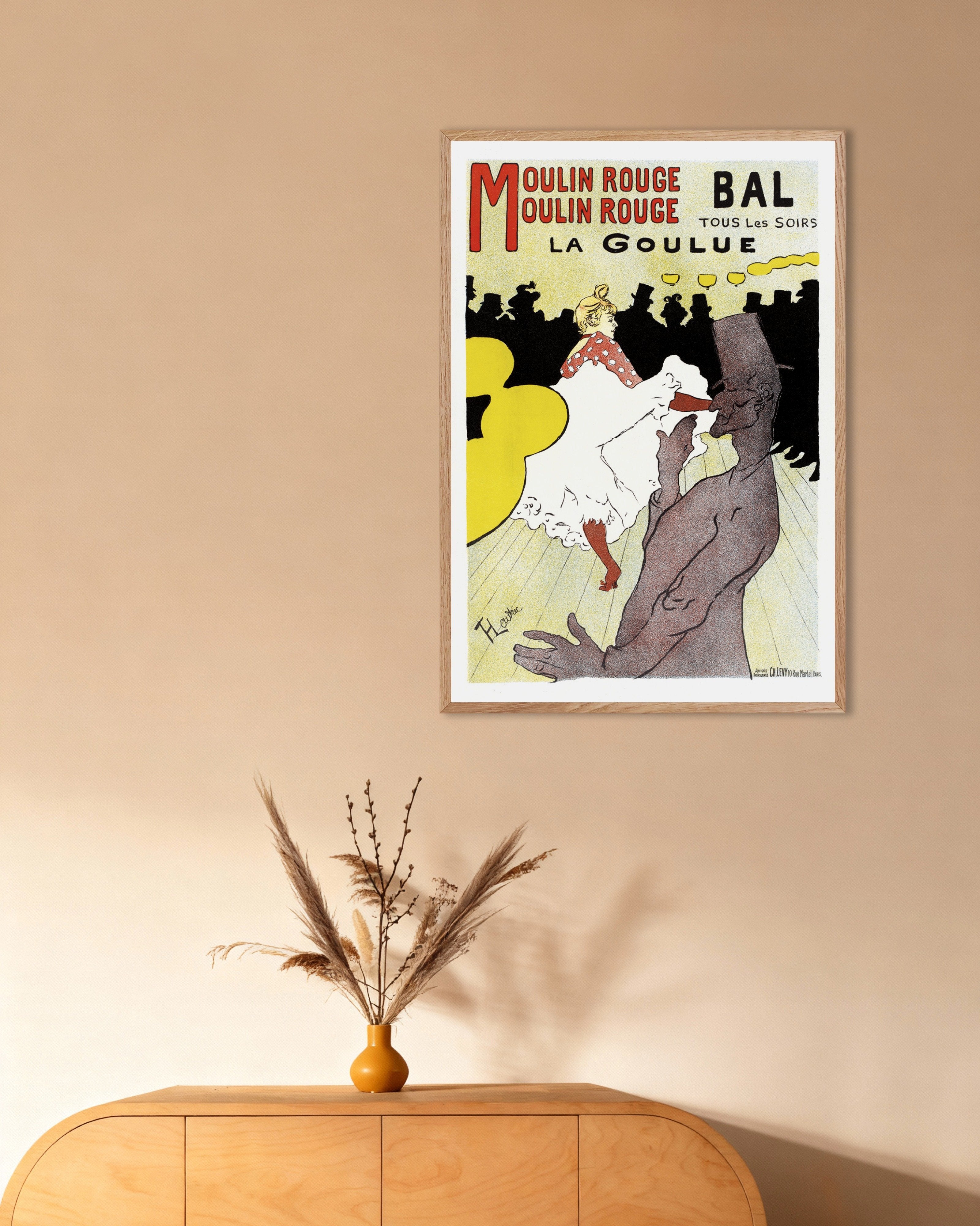 Poster of 'La Goulue' (1898) by Henri de Toulouse-Lautrec, Affiche pour le Moulin Rouge, with natural wooden frame
