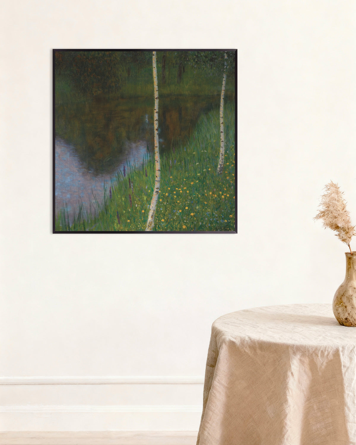 Poster of Lakeshore with Birches (ca. 1901) by Gustav Klimt, with metal frame