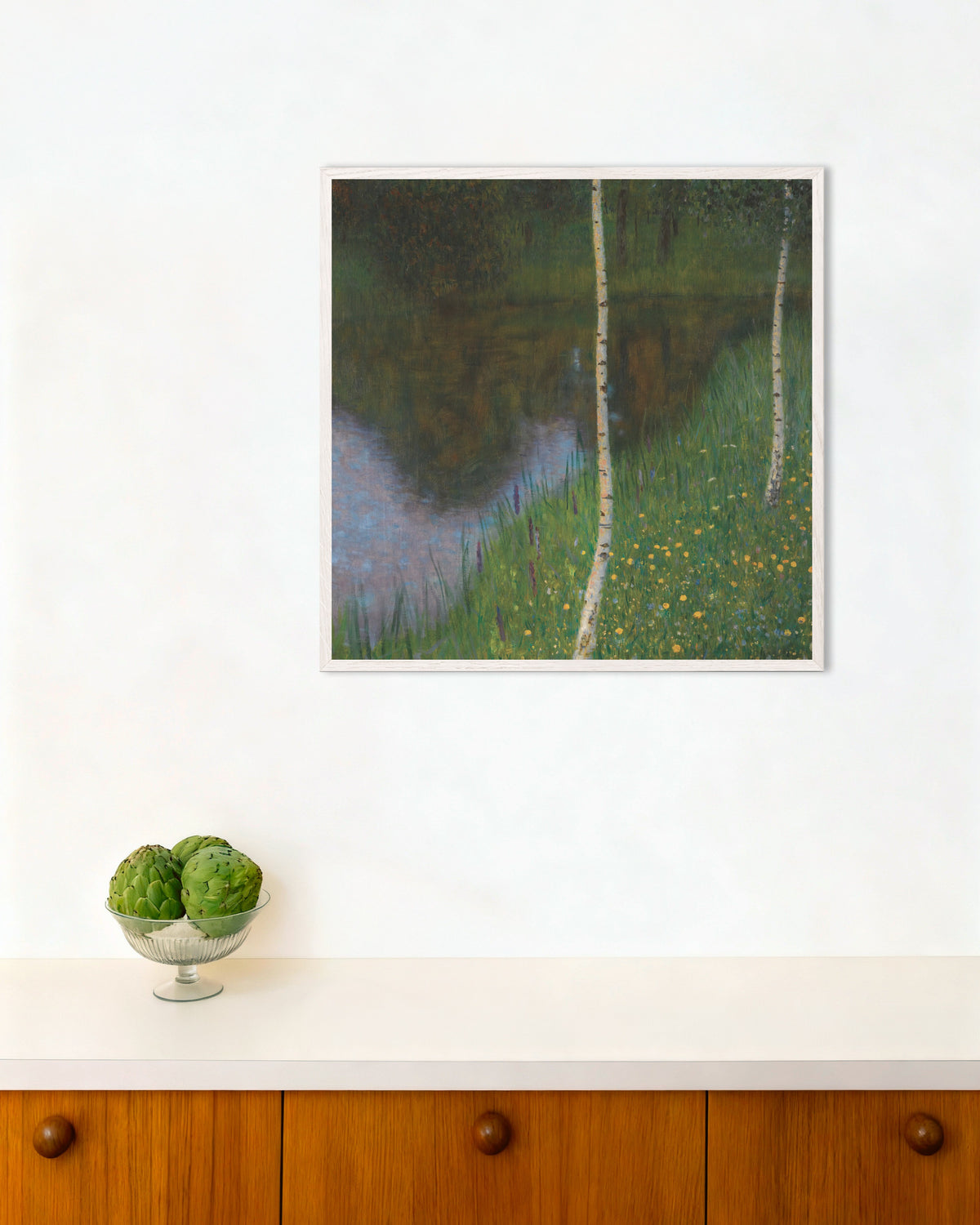 Poster of Lakeshore with Birches (ca. 1901) by Gustav Klimt, with white wooden frame