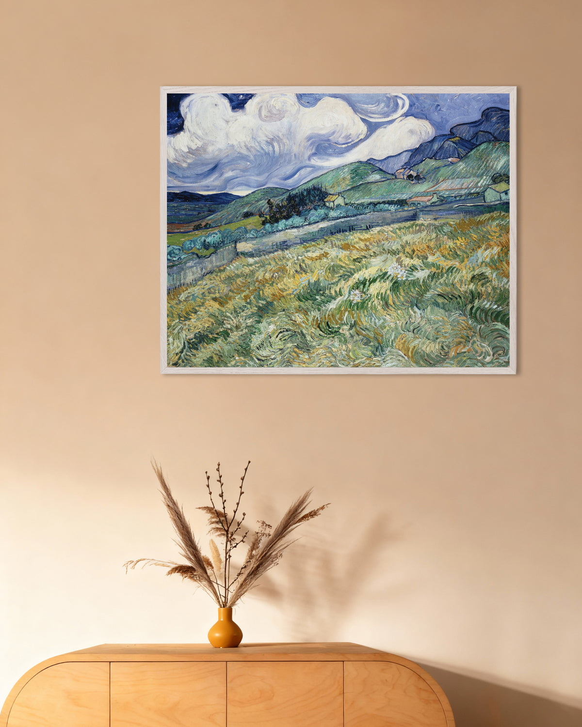 Poster av Landskap fra Saint-Rémy (1889) av Vincent van Gogh, med hvit treramme