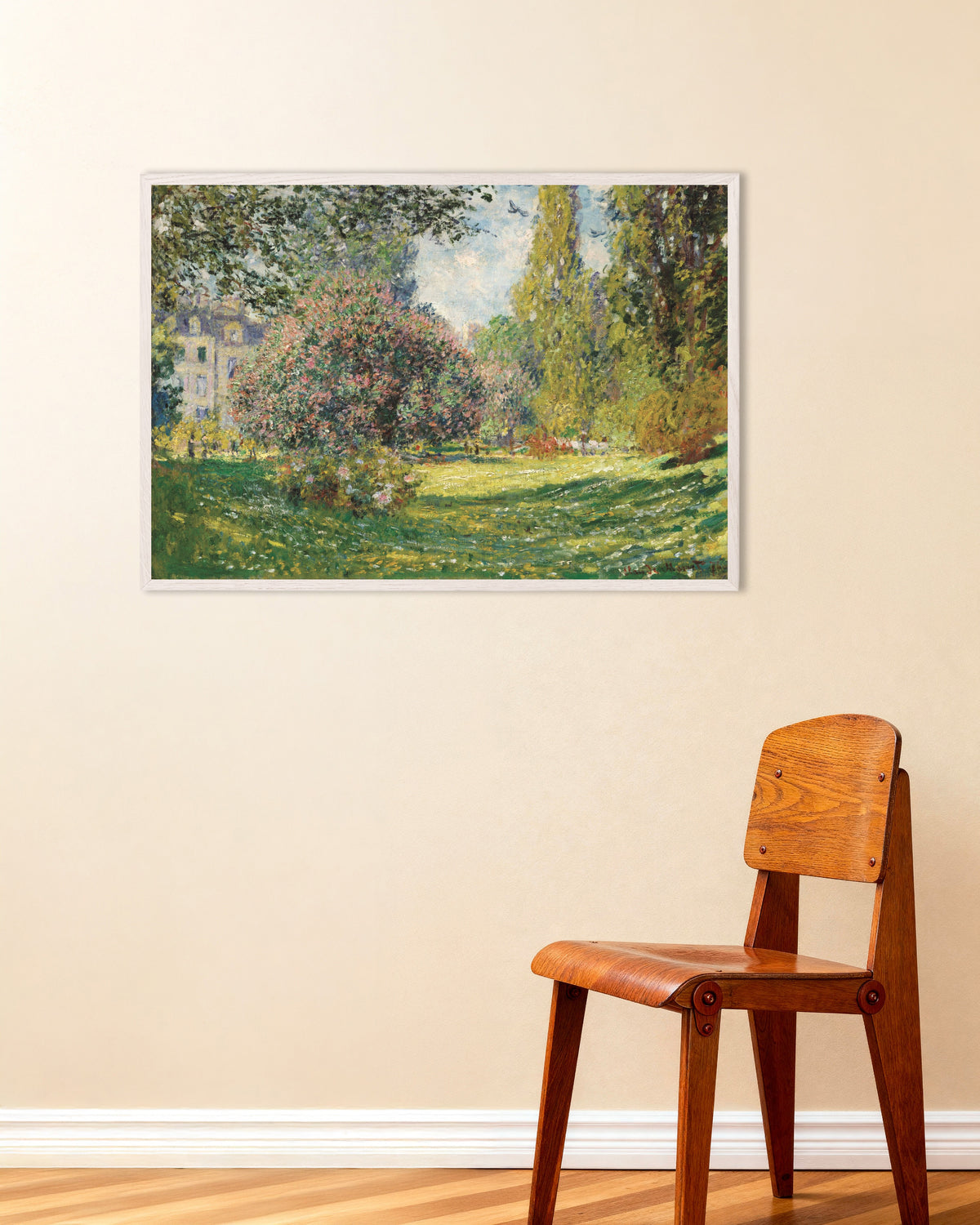 Plakat Landskap, Parc Monceau (1876) av Claude Monet med hvit treramme