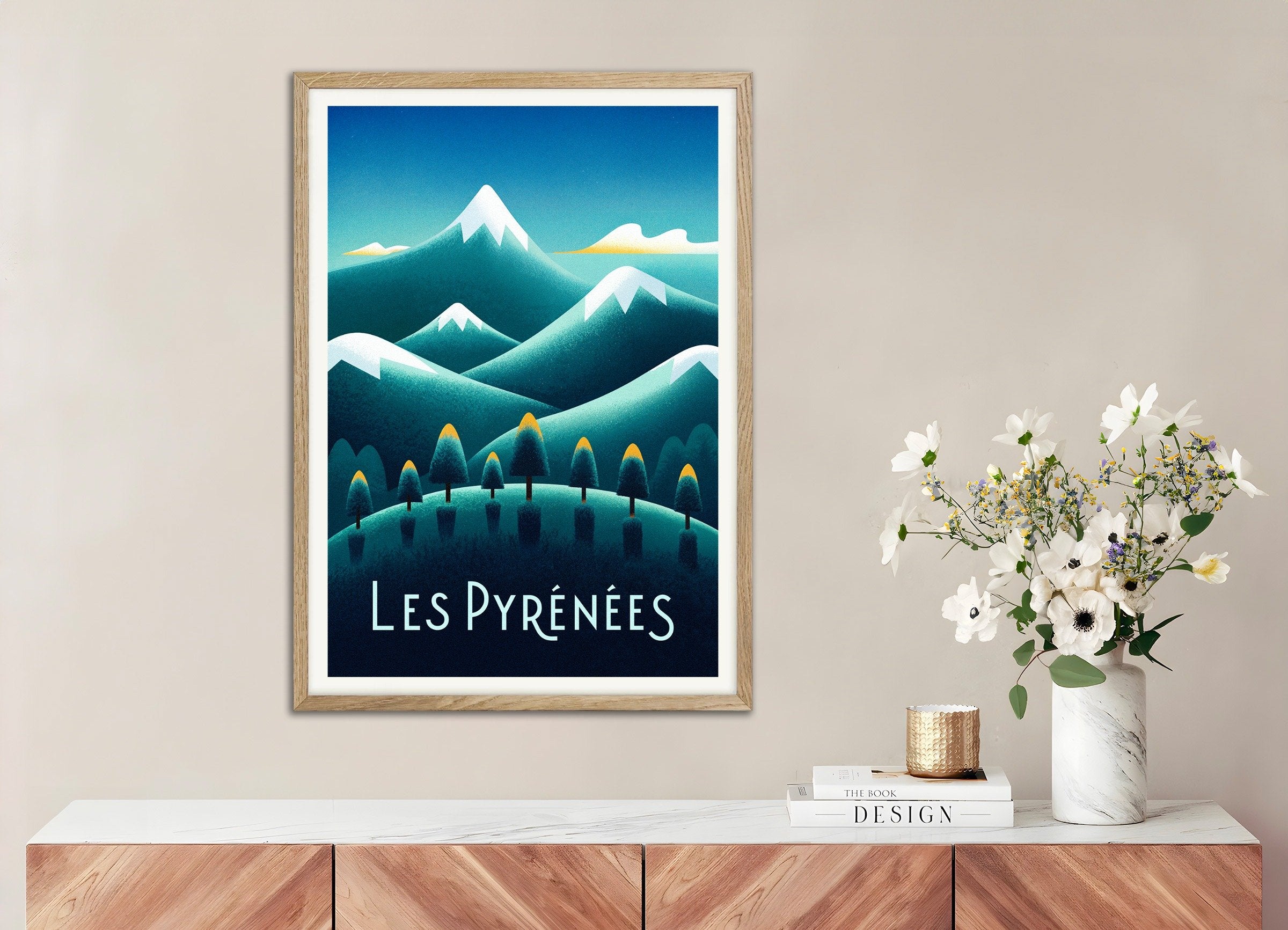 Poster of Les Pyrénées – Minimalist Mountain Poster, with natural wooden frame